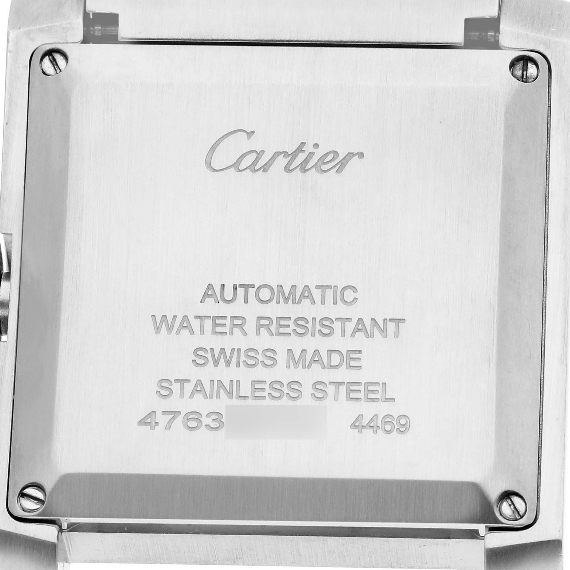 The image shows the back case of a Cartier Tank Française watch, featuring details like "Automatic" and "Water Resistant."