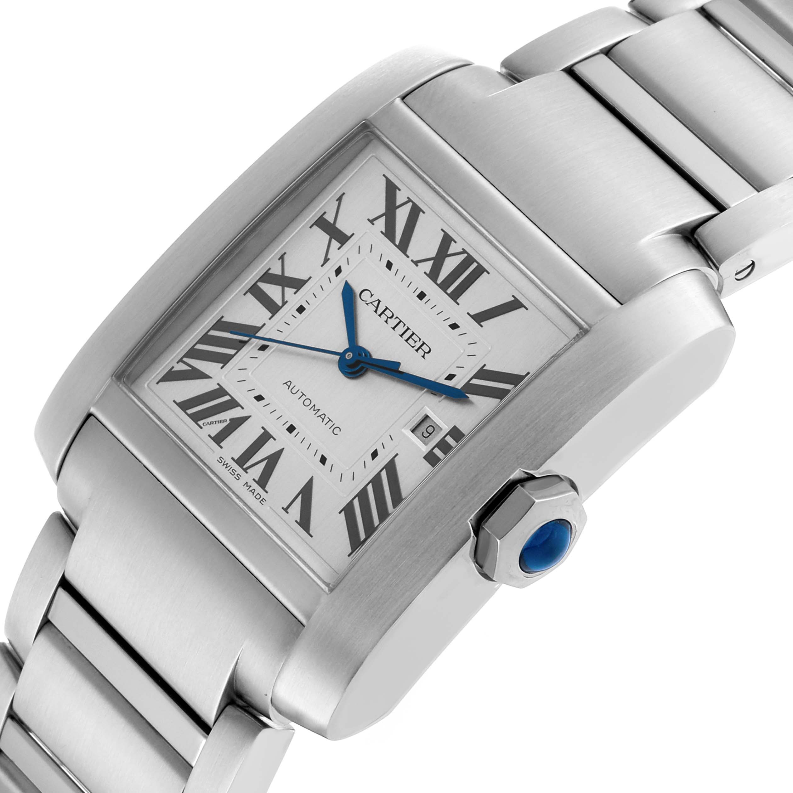 The Cartier Tank Française watch is shown from an angled side view, highlighting the case, dial, bezel, and part of the bracelet.