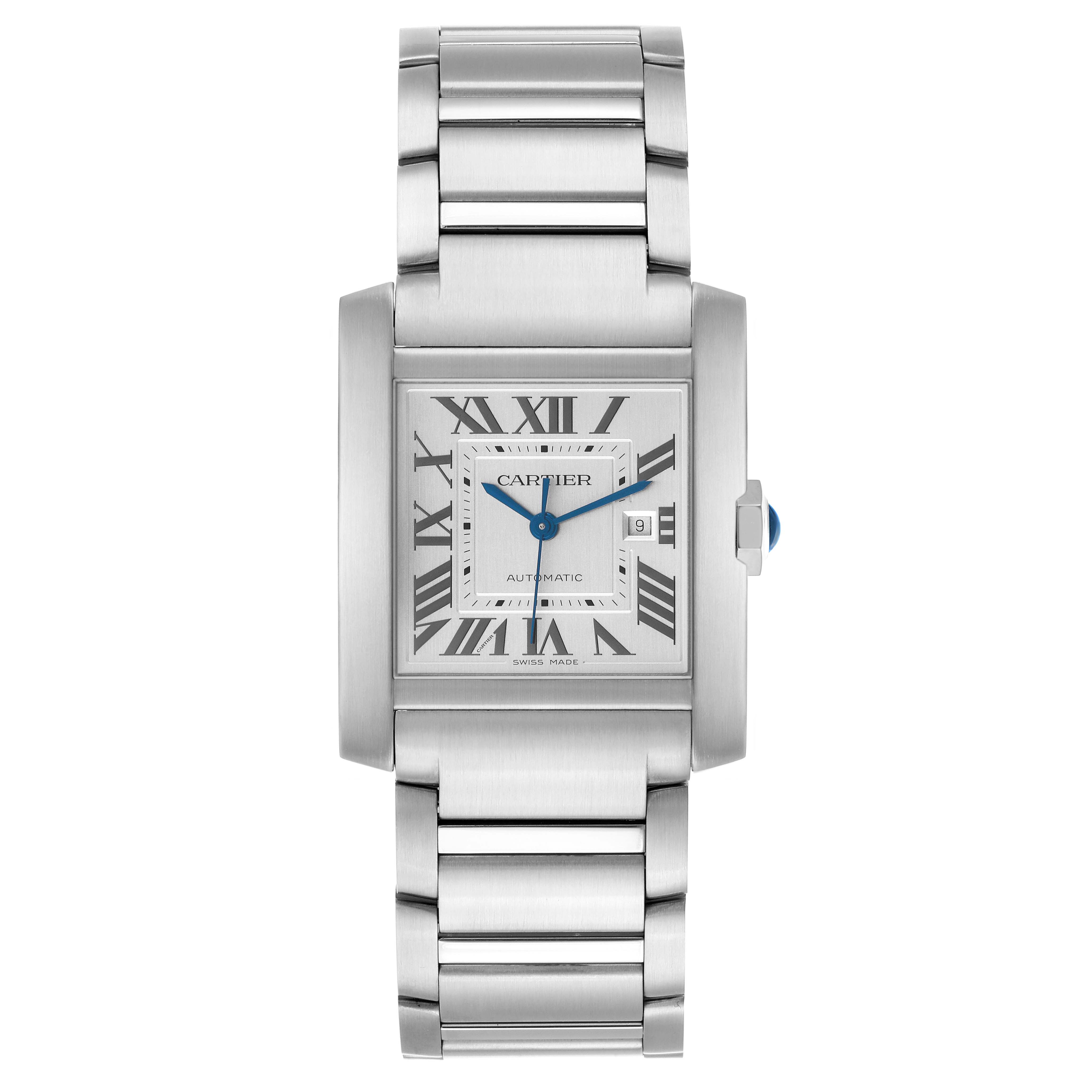 The Cartier Tank Française watch is shown from a straight-on angle, displaying the face, Roman numerals, and metal band.