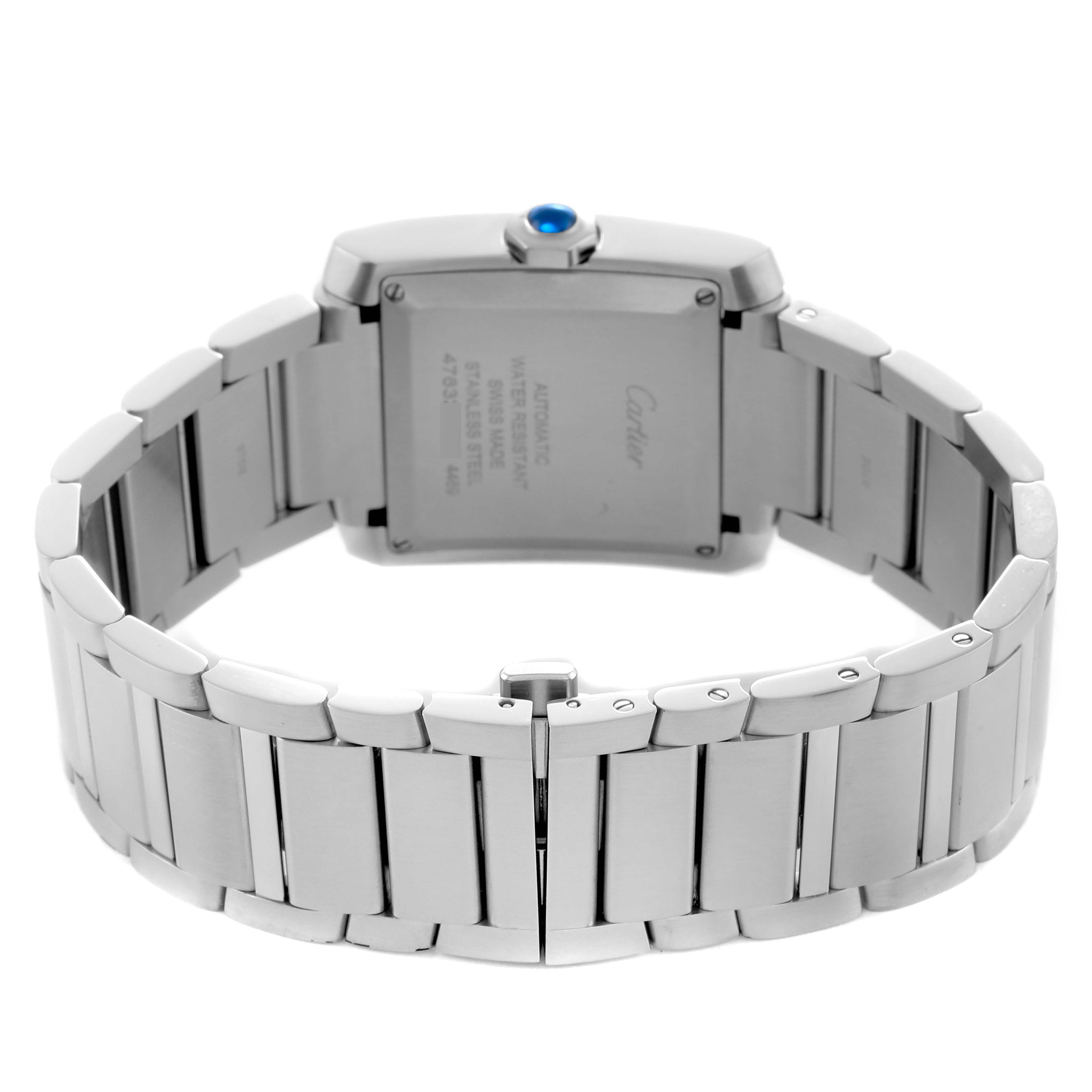 The image shows the back view of a Cartier Tank Française watch, highlighting the bracelet and clasp.