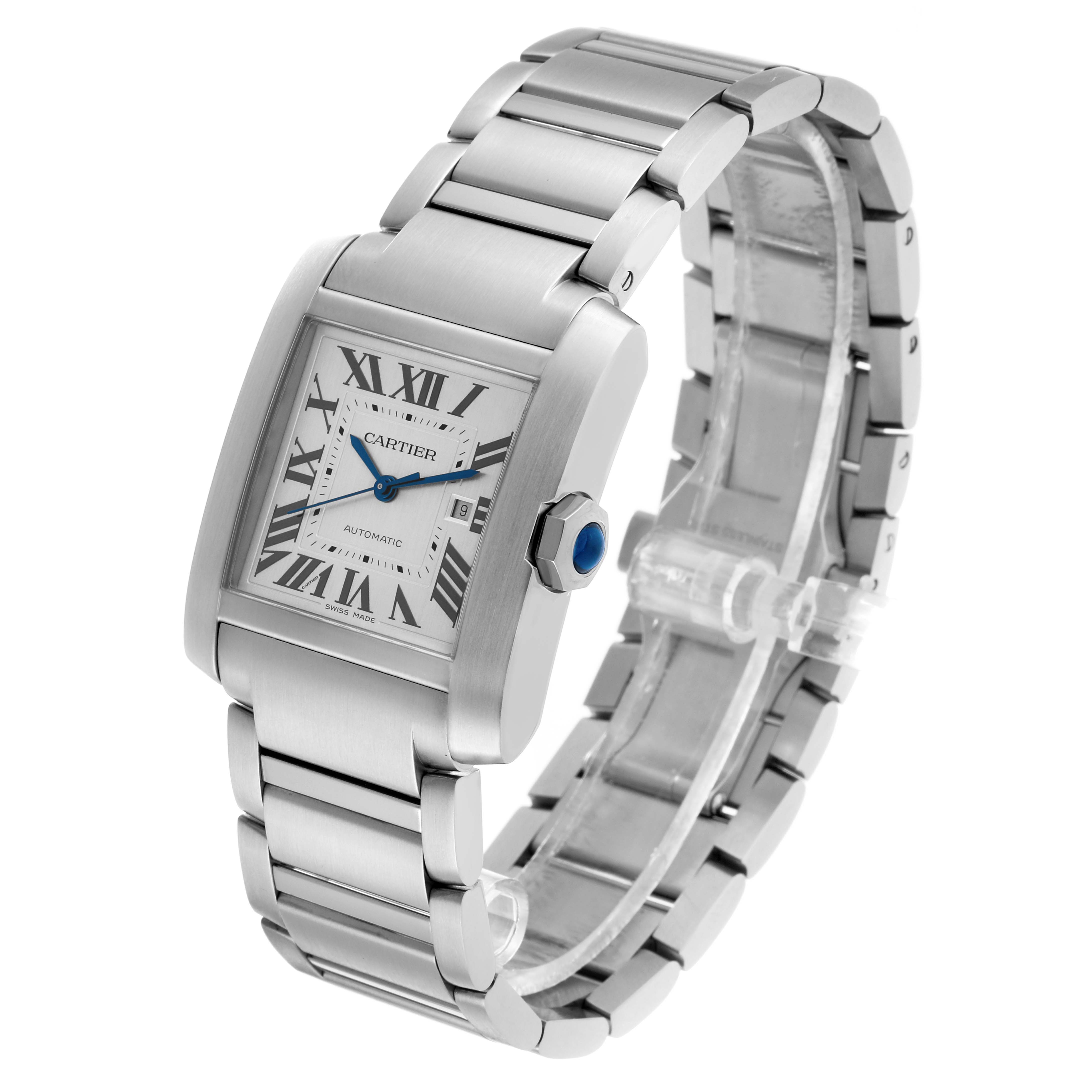 The Cartier Tank Française watch is shown at a three-quarter angle, highlighting the dial, bezel, crown, and stainless steel bracelet.