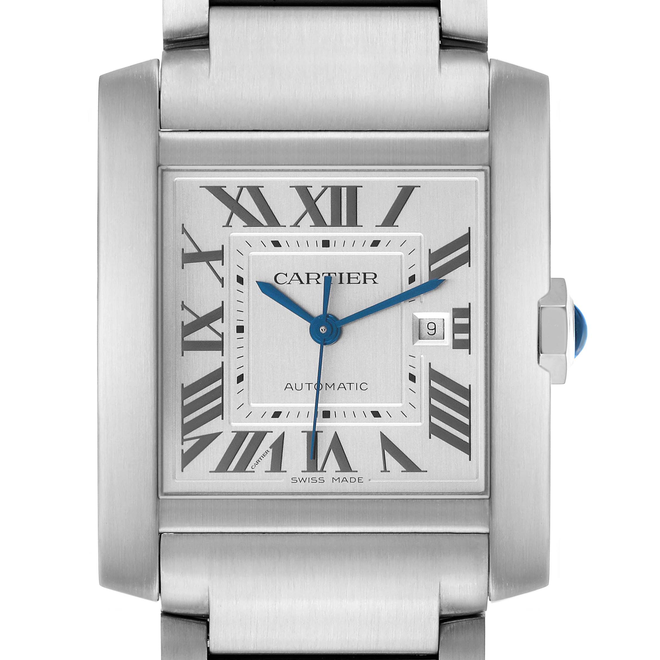 The Cartier Tank Française watch is shown from the front, highlighting the dial, Roman numerals, and bracelet.