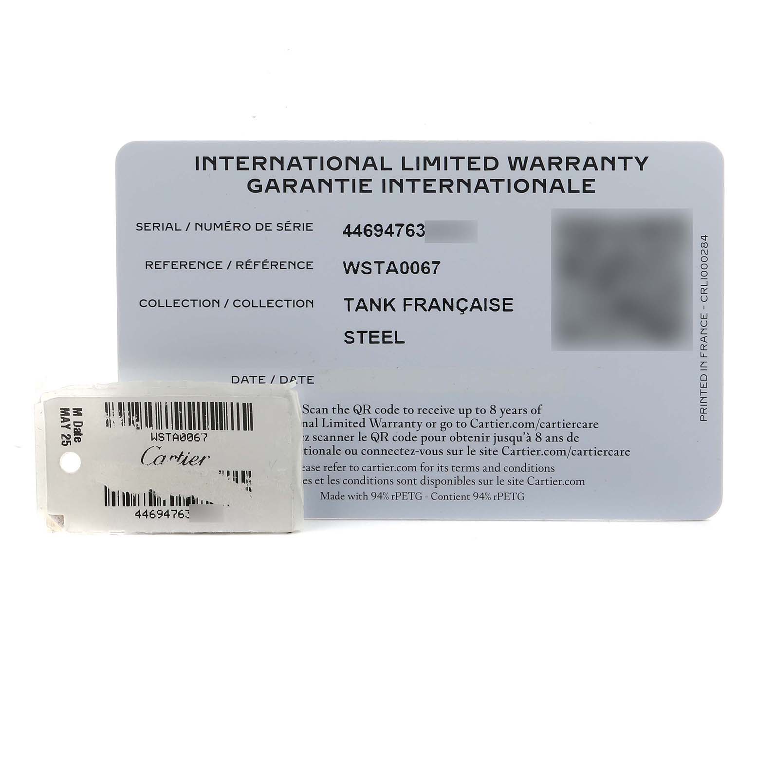 The image shows a warranty card for a Cartier Tank Française watch, displaying model details and serial numbers.