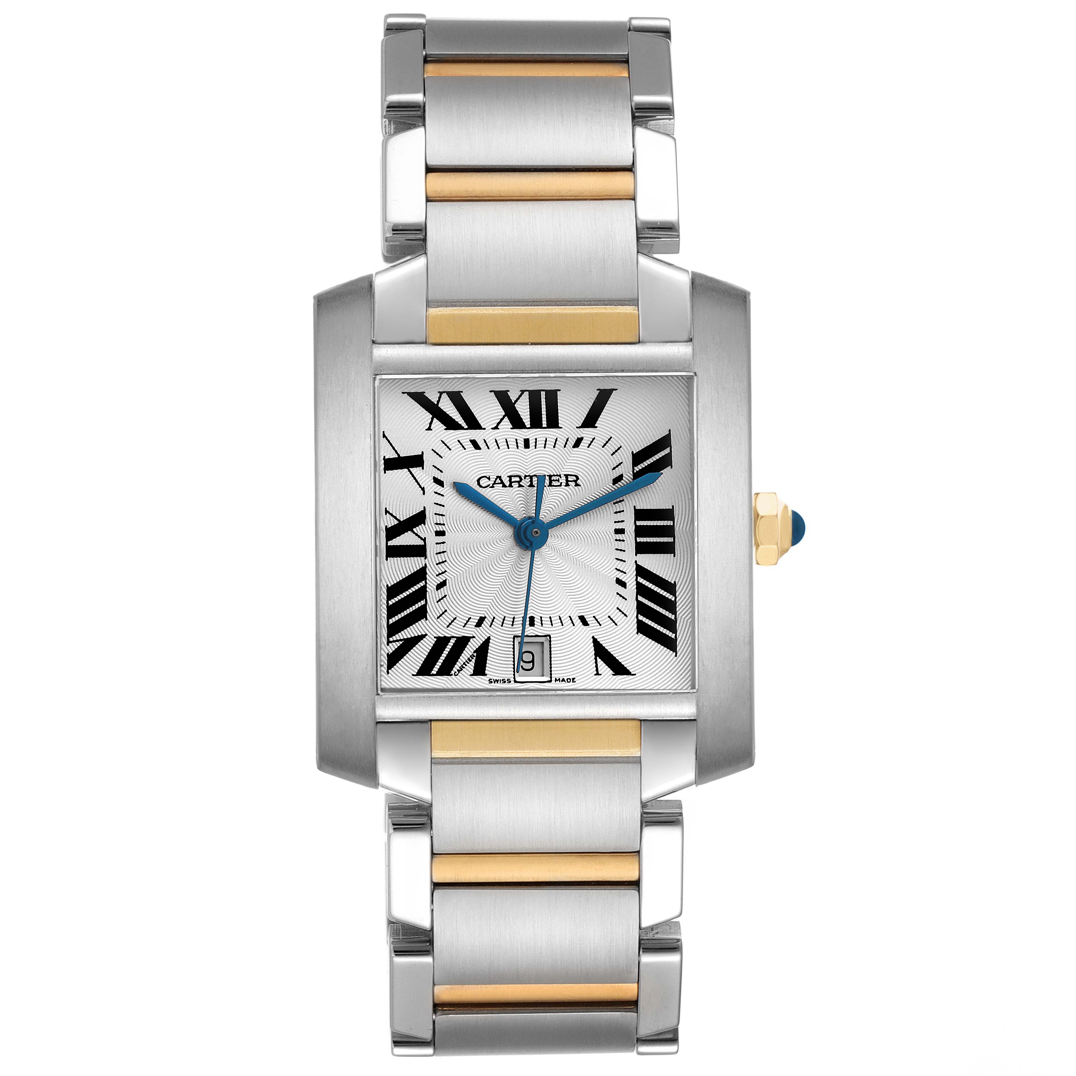 The Cartier Tank Française is shown from a front angle, highlighting its square face, Roman numerals, and bi-metal bracelet.