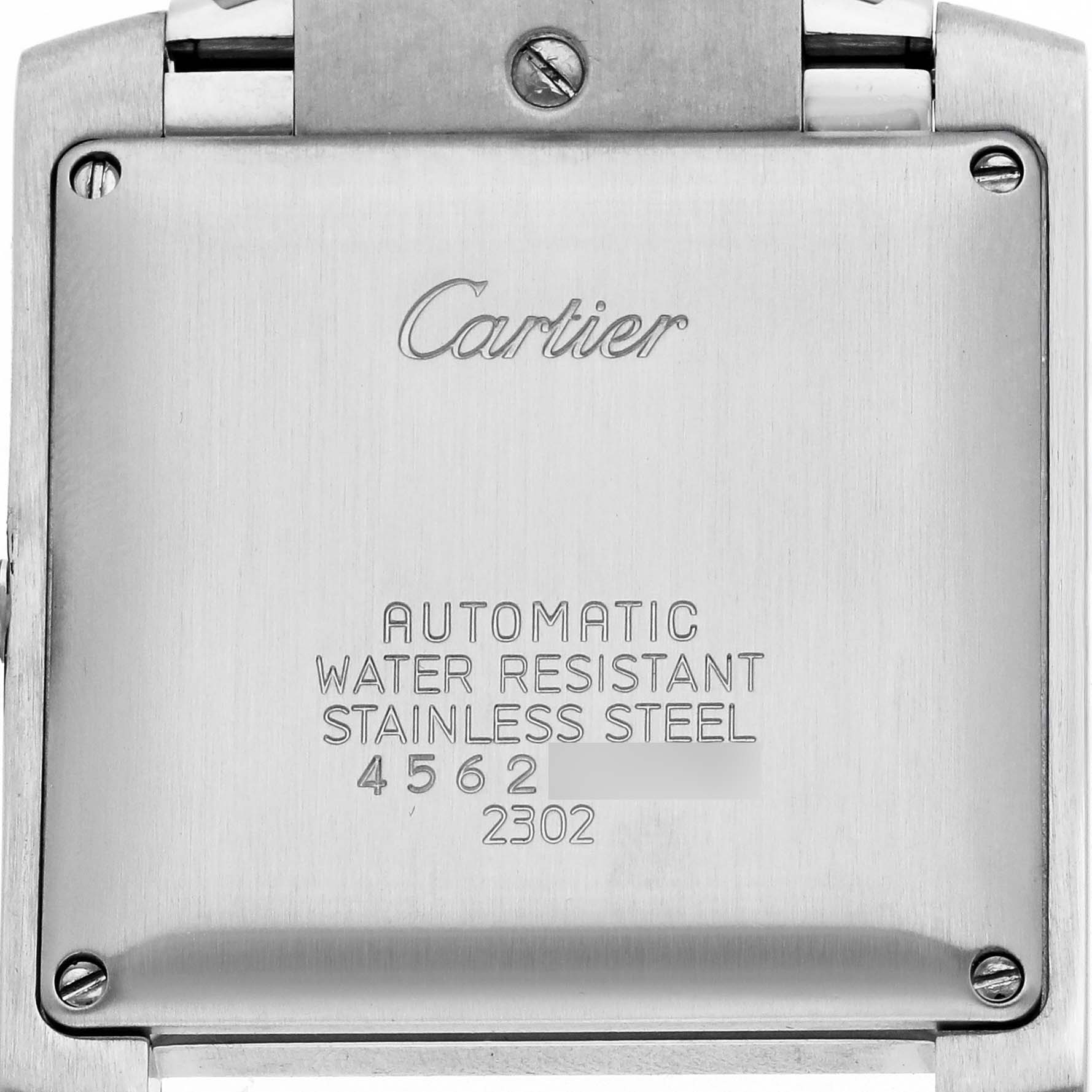 The image shows the back case of a Cartier Tank Française watch, highlighting engravings and stainless steel material.