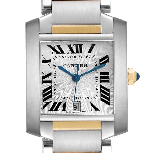 The Cartier Tank Française watch is shown from a top view, highlighting the face, Roman numerals, and part of the bracelet.