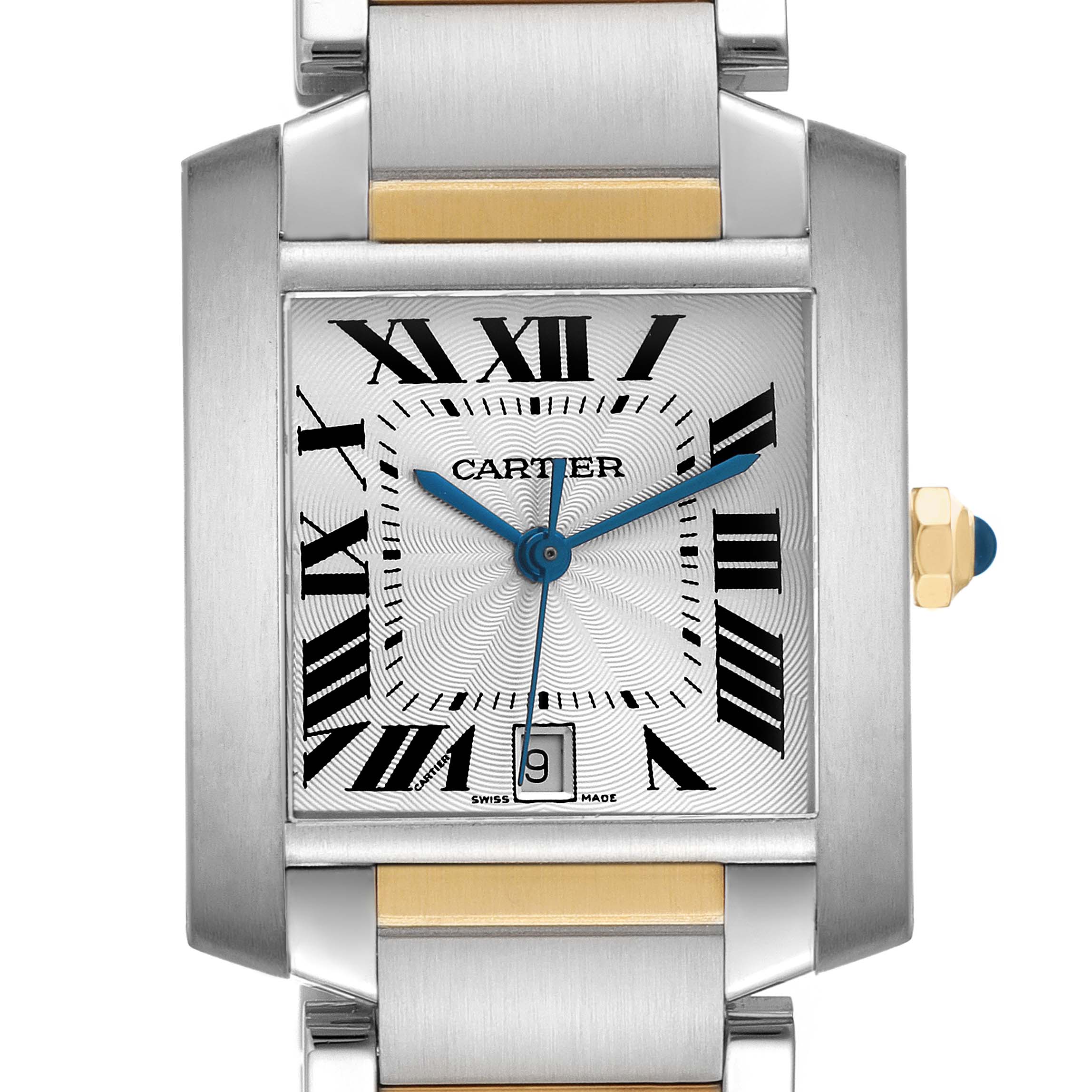 The Cartier Tank Française watch is shown from a front angle, highlighting its face, bezel, and part of the bracelet.