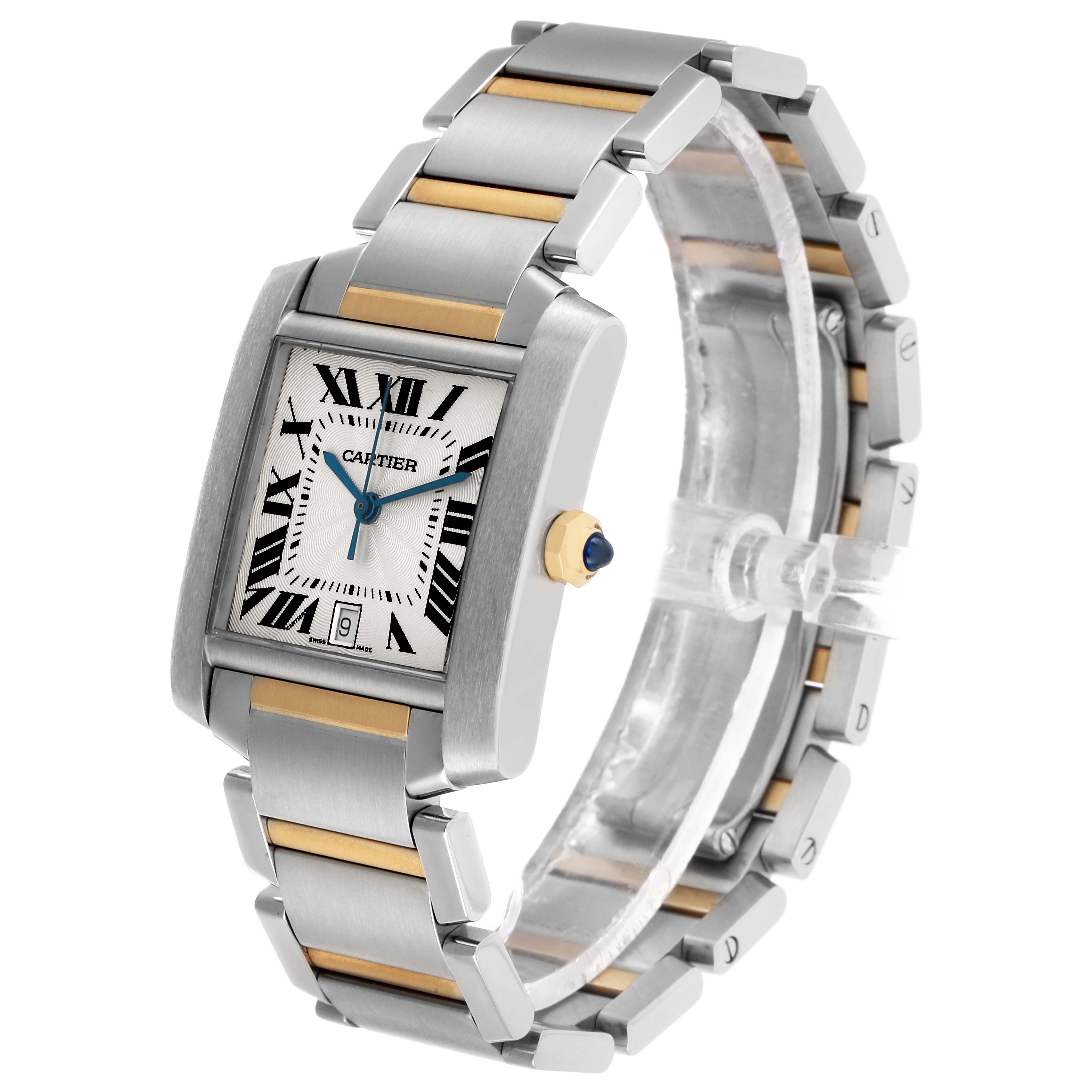 The Cartier Tank Française watch is shown at an angled side view, highlighting the face, bracelet, and detailed crown.