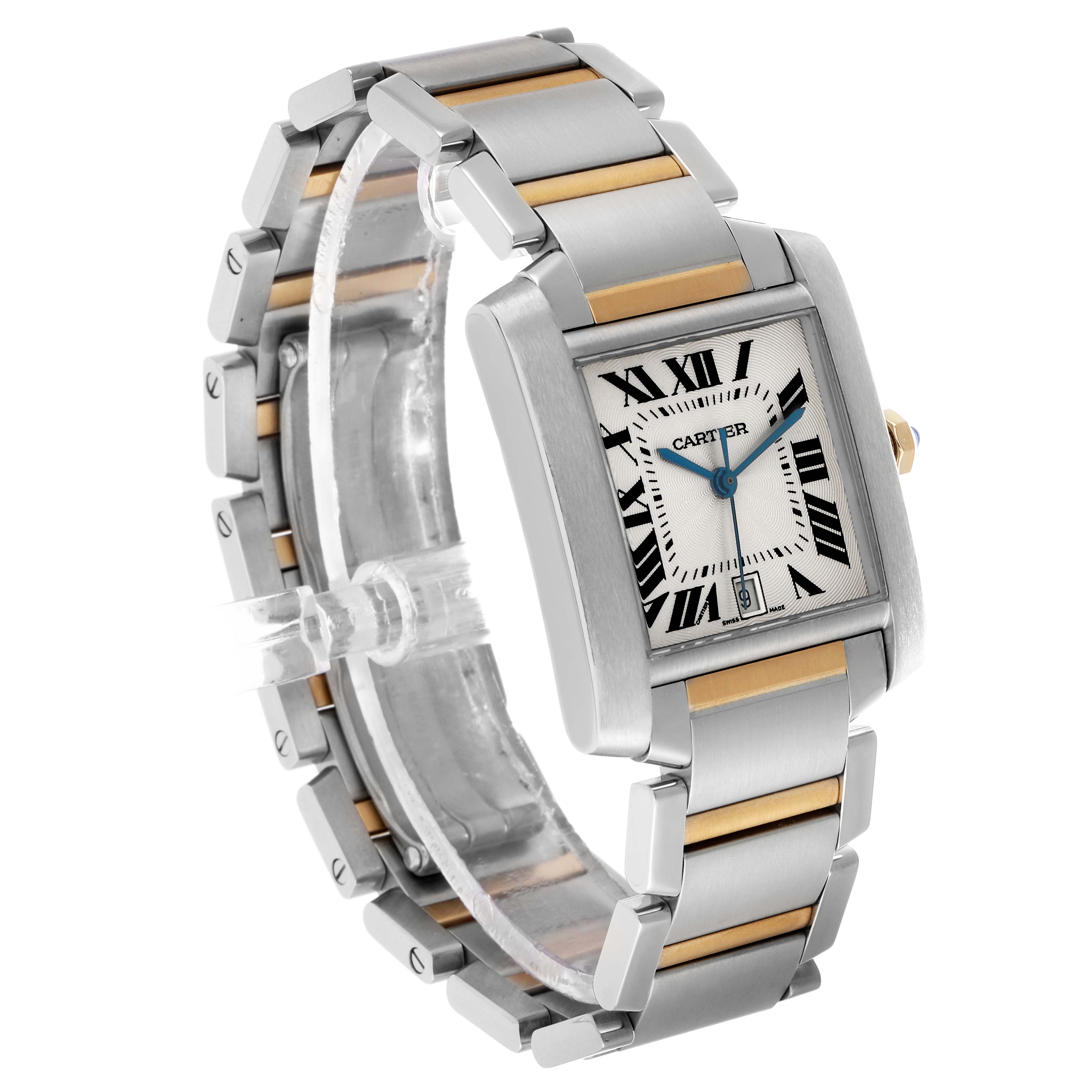The Cartier Tank Française watch is shown at a three-quarter angle, highlighting its rectangular face and two-tone bracelet.