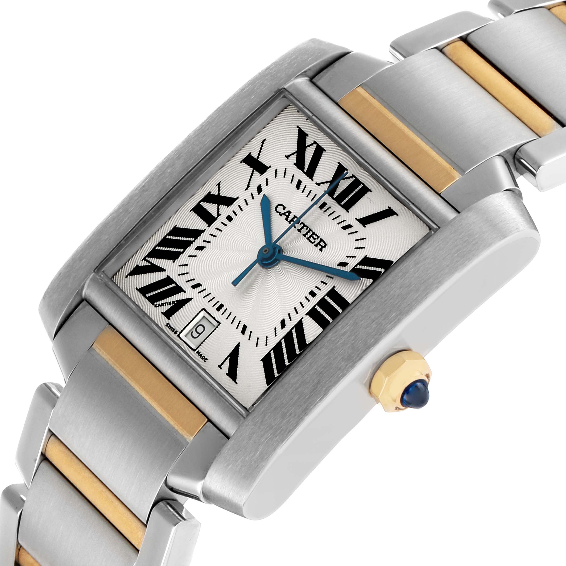 The Cartier Tank Francaise W51005Q4 Men's Steel and Gold (two tone) Silver Dial watch is shown at an angle displaying its face, Roman numerals, date window, and metal bracelet details.