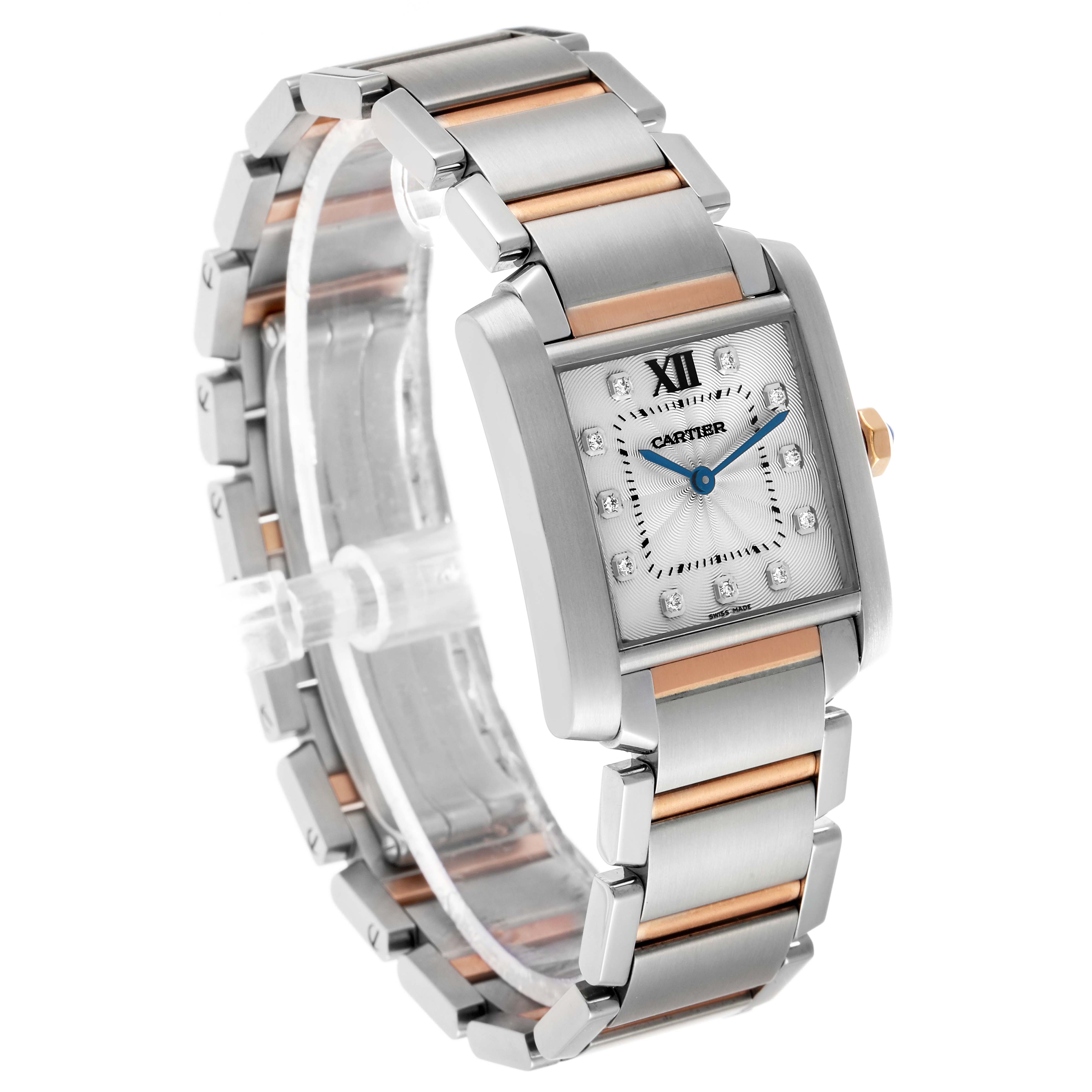 The Cartier Tank Francaise WE110005 Women's Steel and Gold (two tone) Silver Dial watch is shown at a three-quarter angle, highlighting its face, bracelet, and crown.
