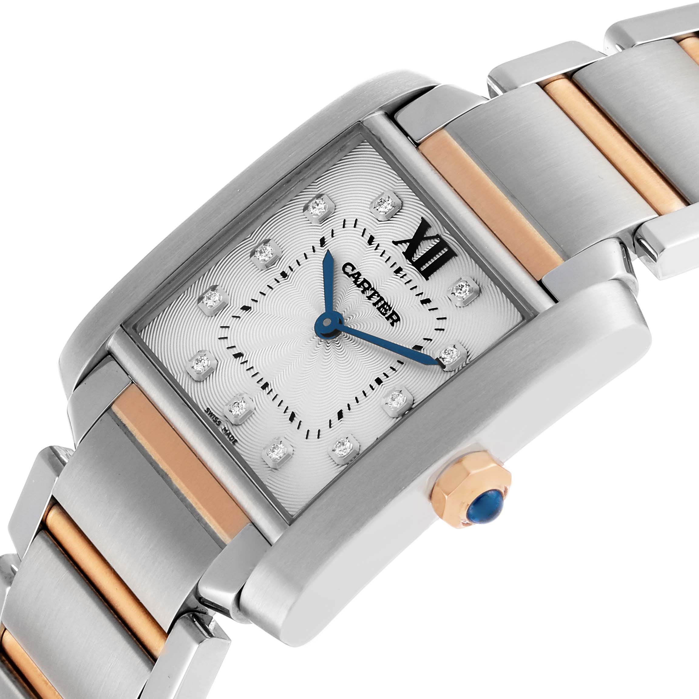 The Cartier Tank Francaise WE110005 Women's Steel and Gold (two tone) Silver Dial watch is shown at an angled close-up, featuring the dial, case, and part of the bracelet.