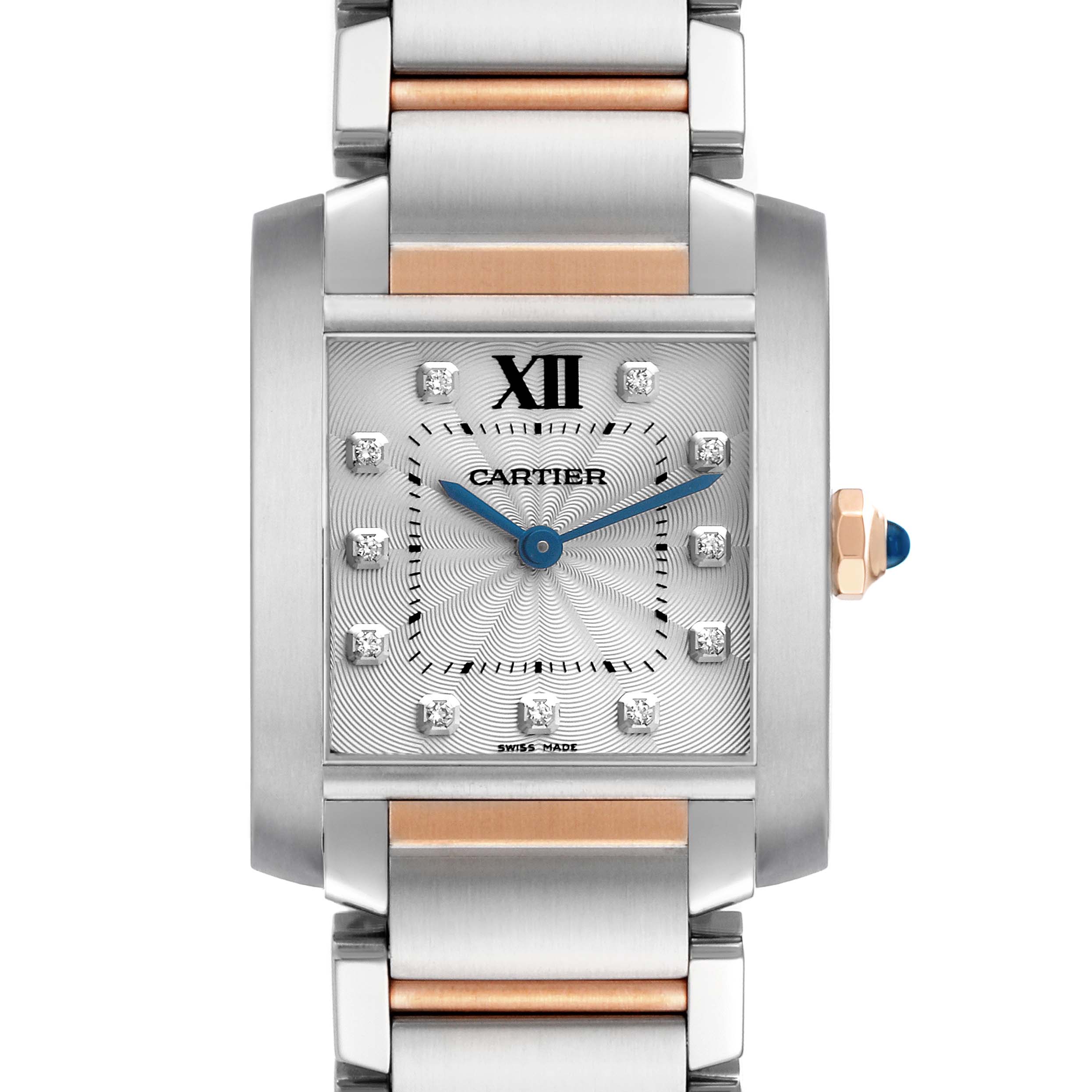 The Cartier Tank Française watch is shown from the front, highlighting its dial, hands, and bracelet.