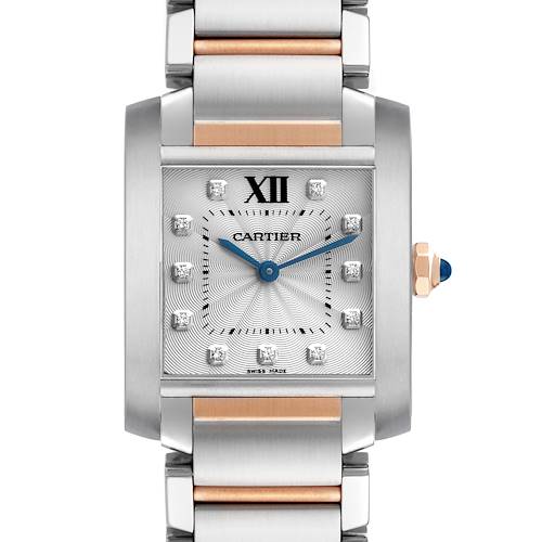The Cartier Tank Francaise WE110005 Women's Steel and Gold (two tone) Silver Dial watch is shown from the front, displaying its rectangular face, metal bracelet, and slim crown.