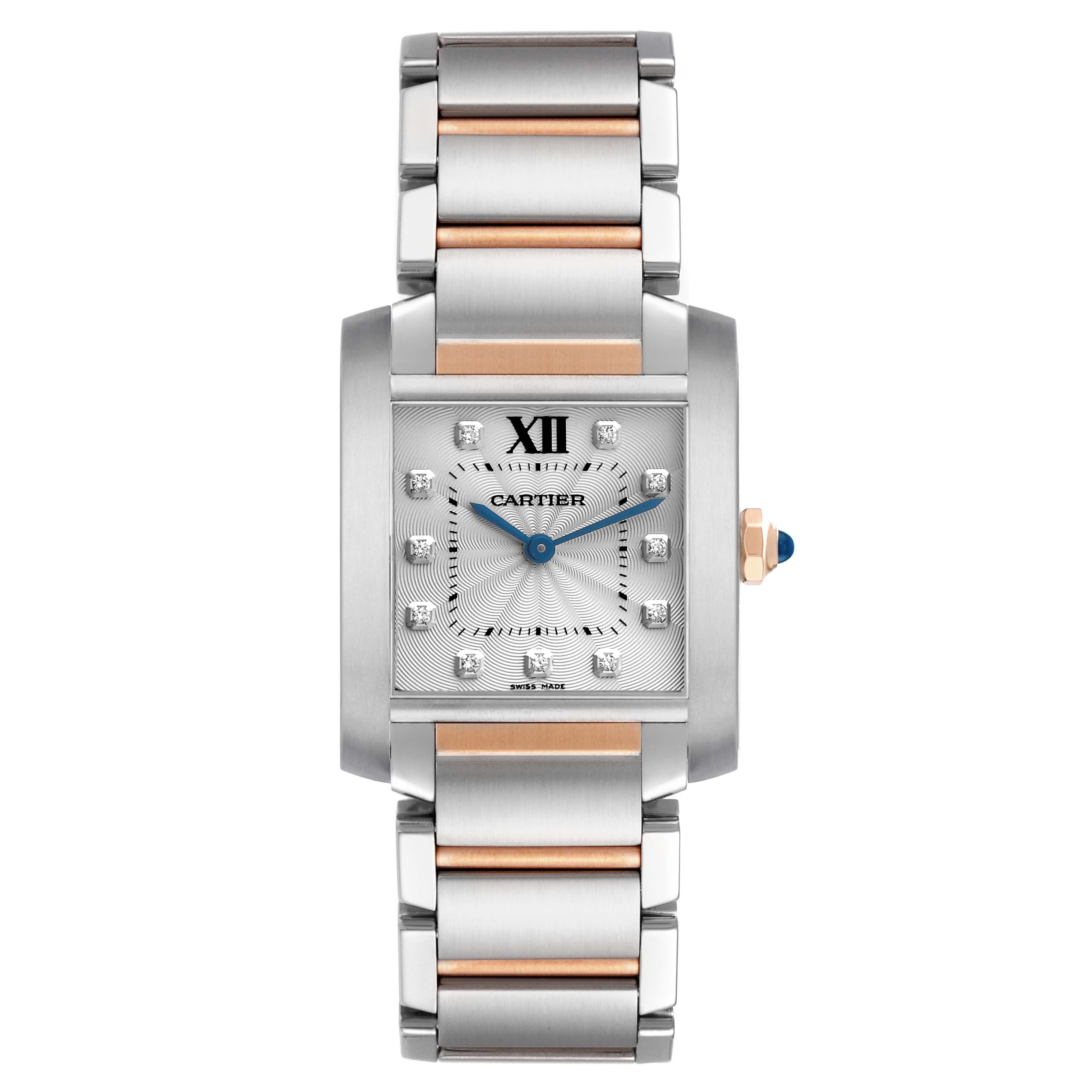 This Cartier Tank Française watch is shown from a front view, displaying the face, bracelet, and crown.
