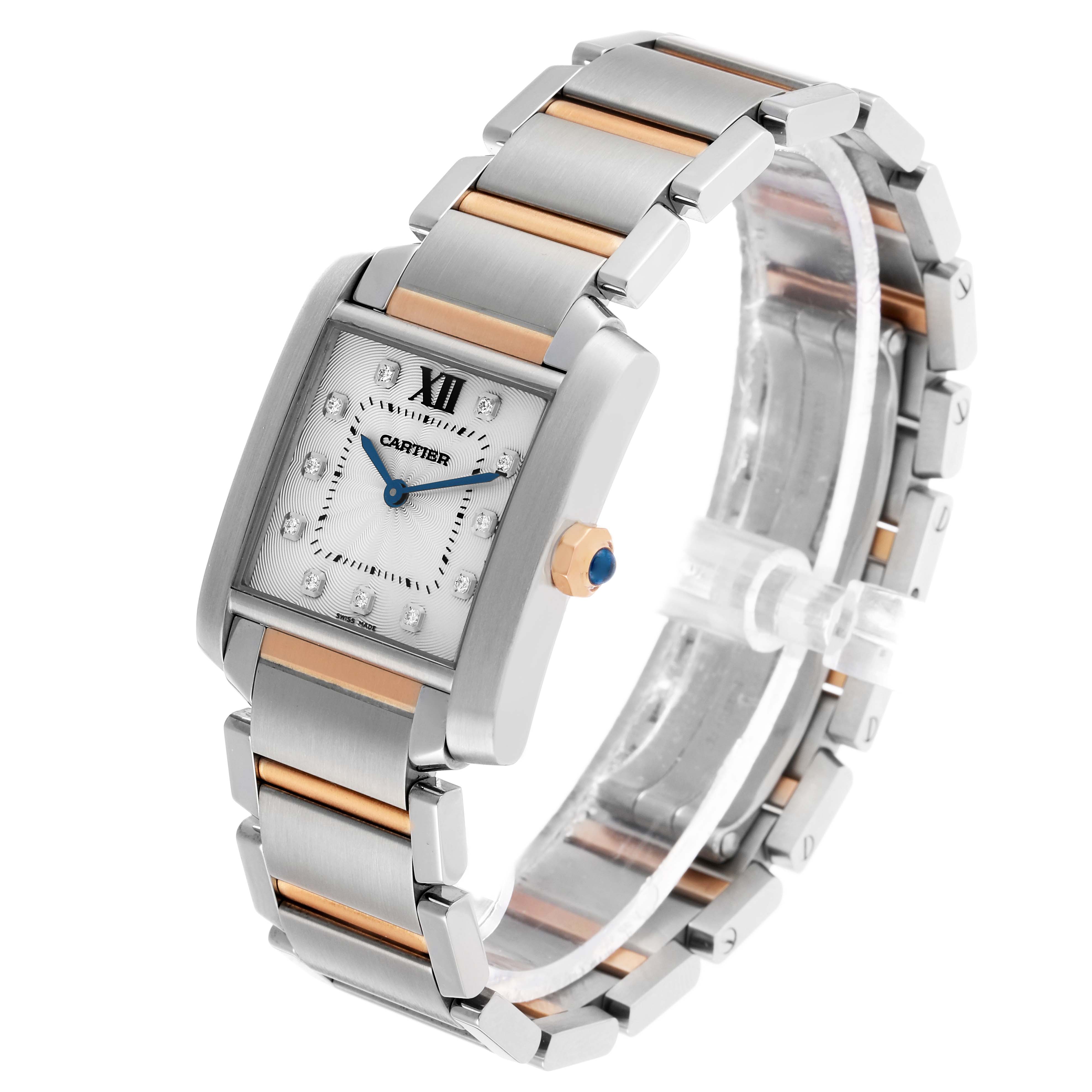 The Cartier Tank Francaise WE110005 Women's Steel and Gold (two tone) Silver Dial watch is shown at an angled view, highlighting its rectangular face, two-tone bracelet, and crown.