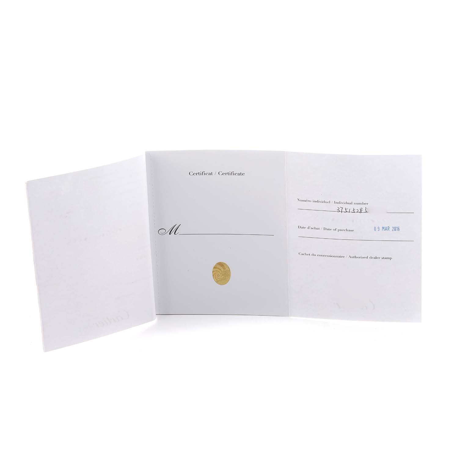 The image shows an open certificate document for the Cartier Tank Française watch, displaying purchase details.