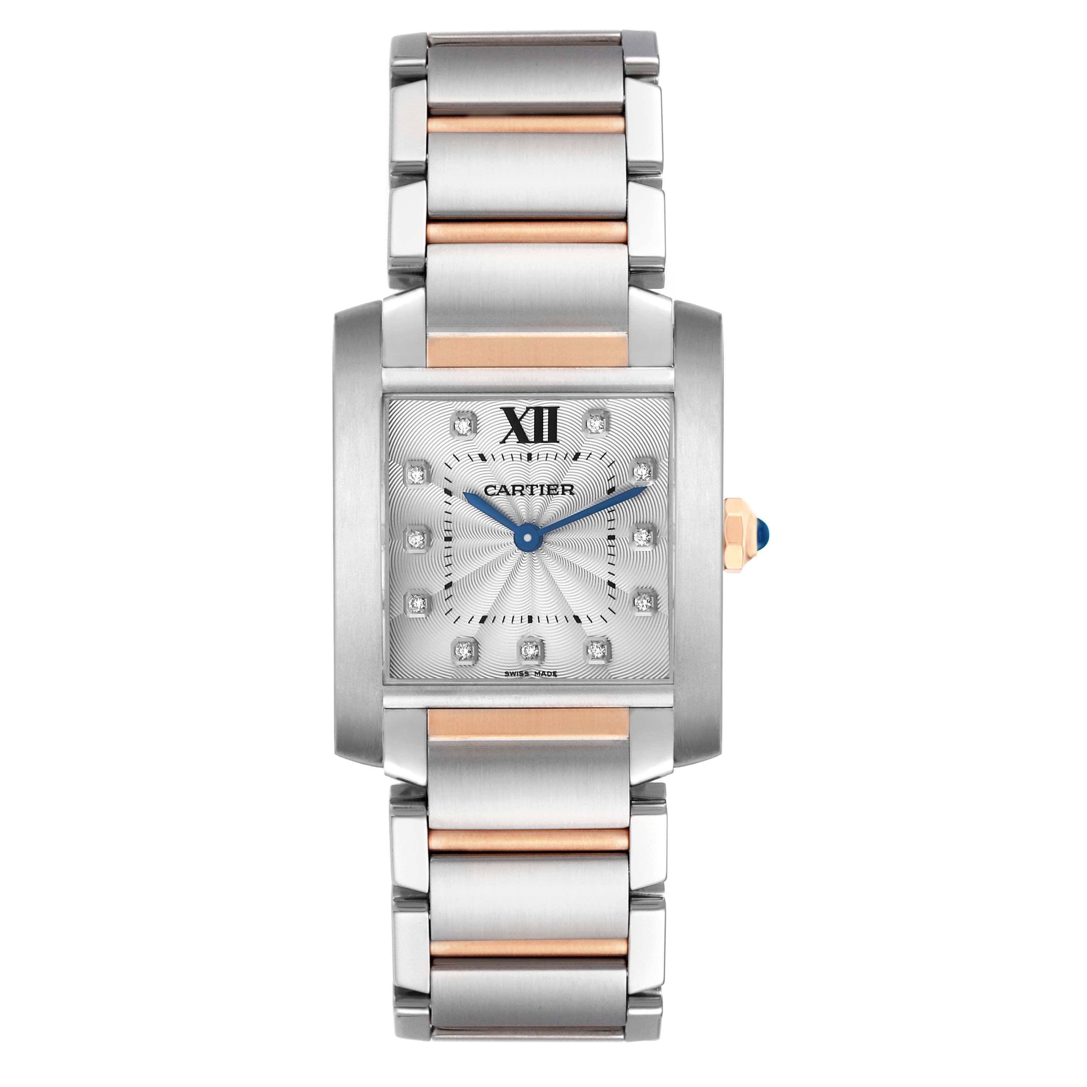 This image shows a front view of the Cartier Tank Française watch, highlighting its rectangular face and metal bracelet.