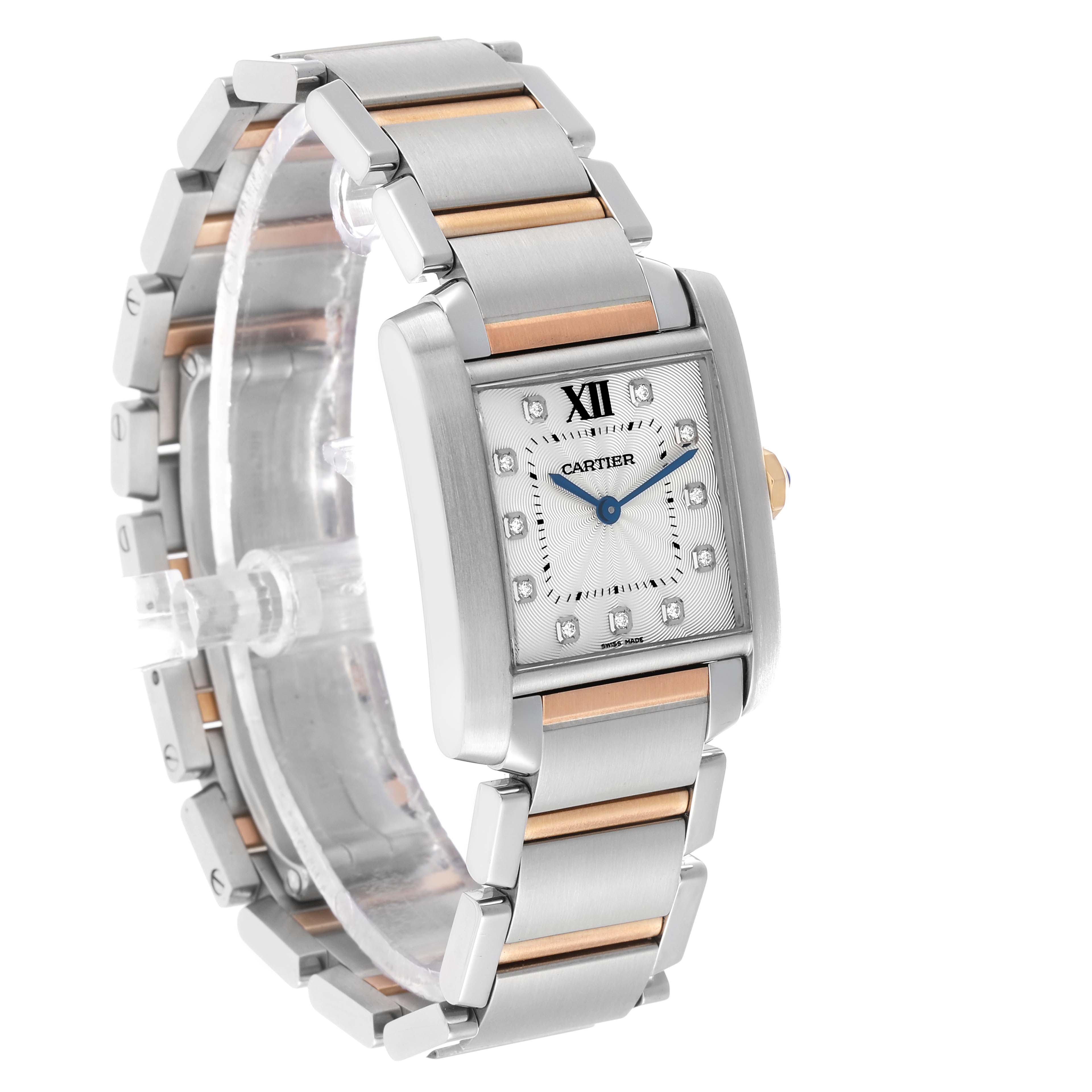 The Cartier Tank Française watch is shown at an angled side view, displaying its stainless steel and gold bracelet and square face.