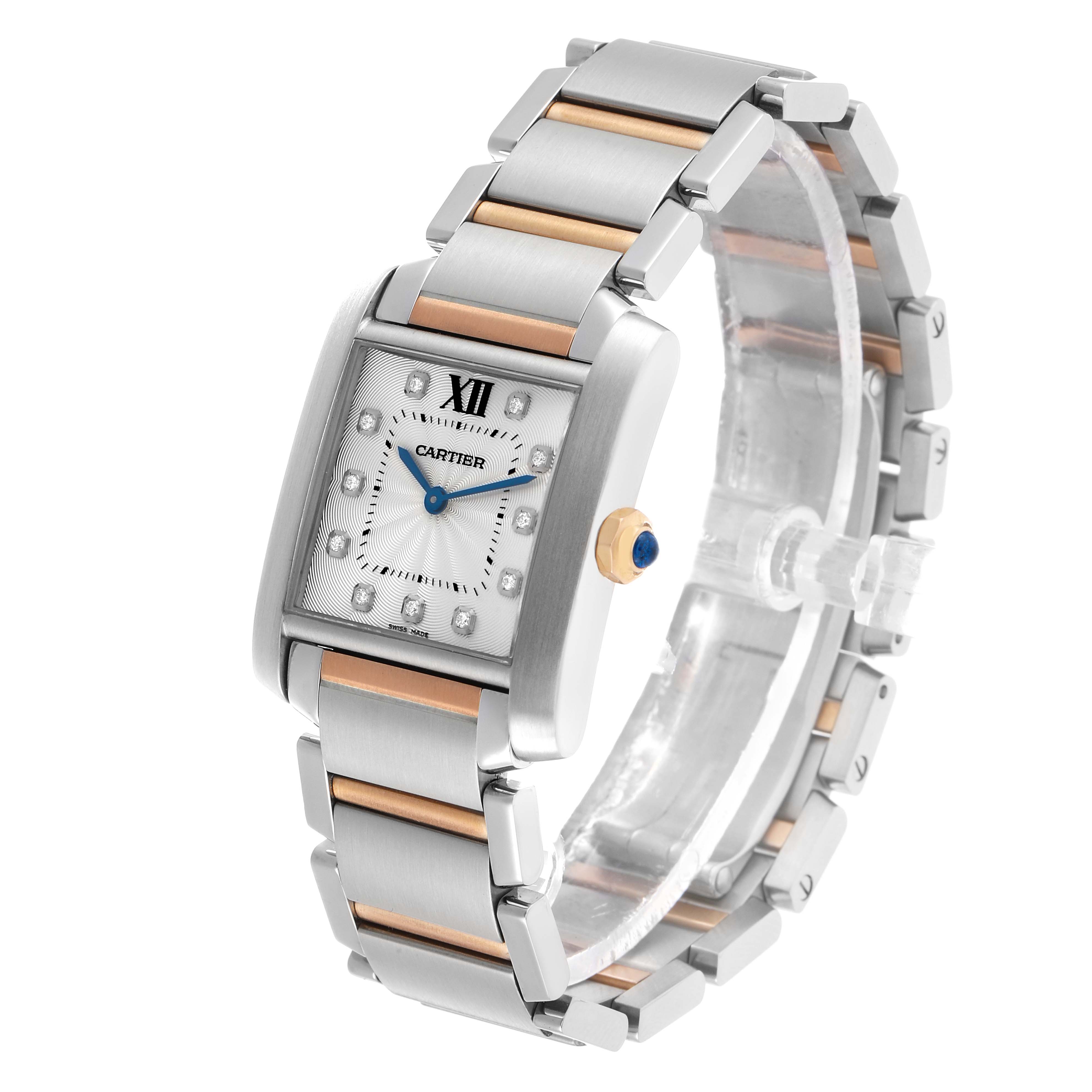 The Cartier Tank Française watch is shown at an angled side view, highlighting the rectangular face and two-tone metal bracelet.