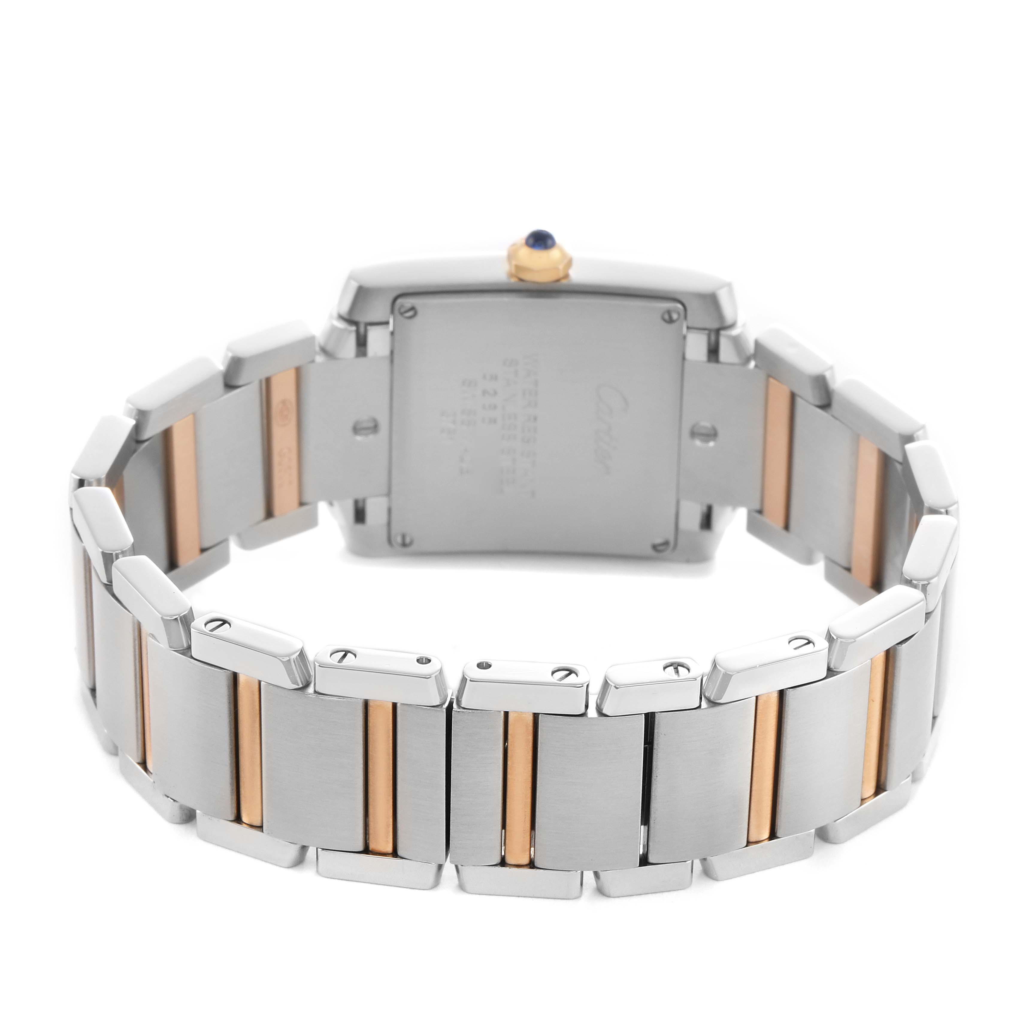 This image shows the back and bracelet of the Cartier Tank Française, highlighting the two-tone metal links and case.