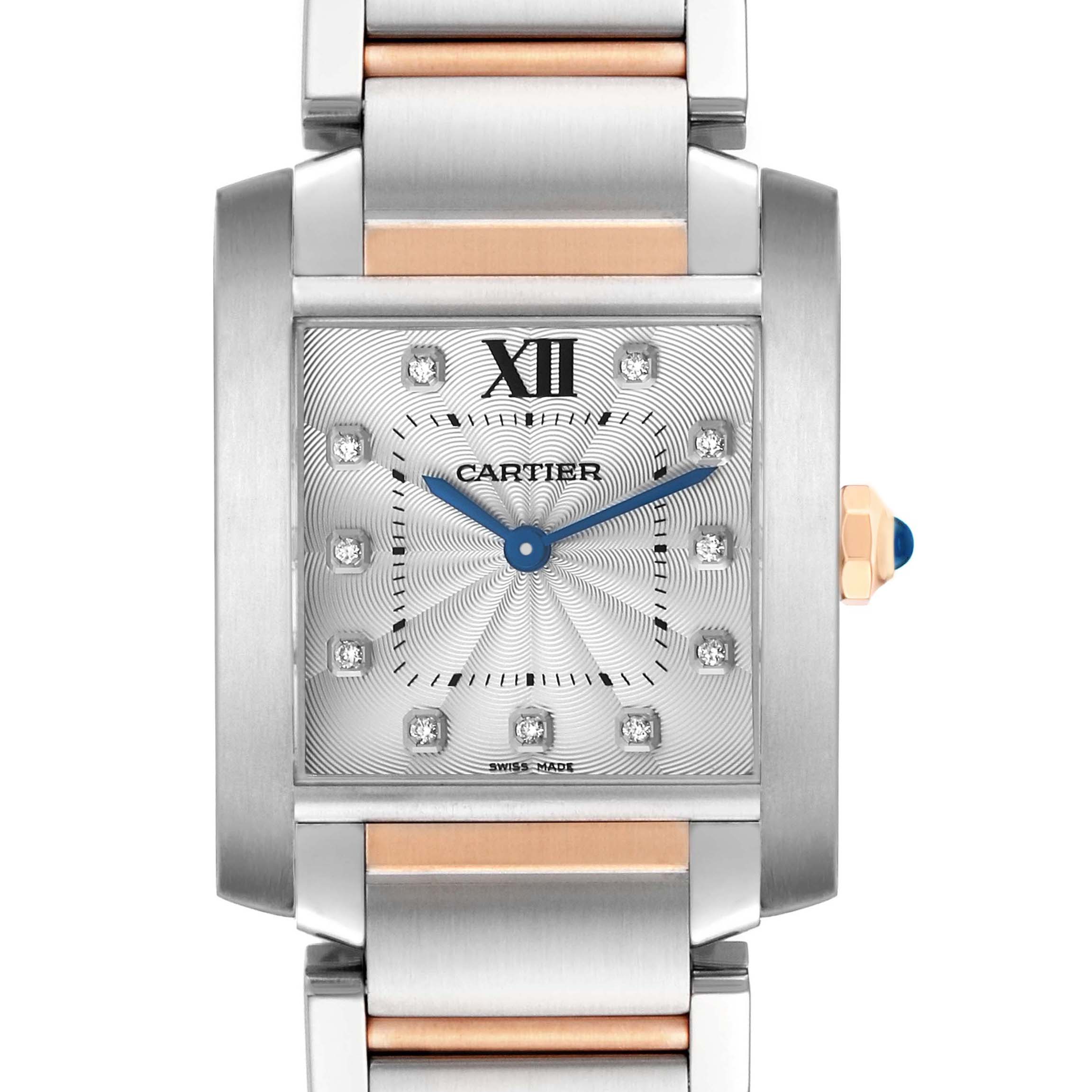 The Cartier Tank Francaise WE110005 Women's Stainless Steel Silver Dial watch is shown from a front angle, displaying its square dial, metal bracelet, and blue hands.