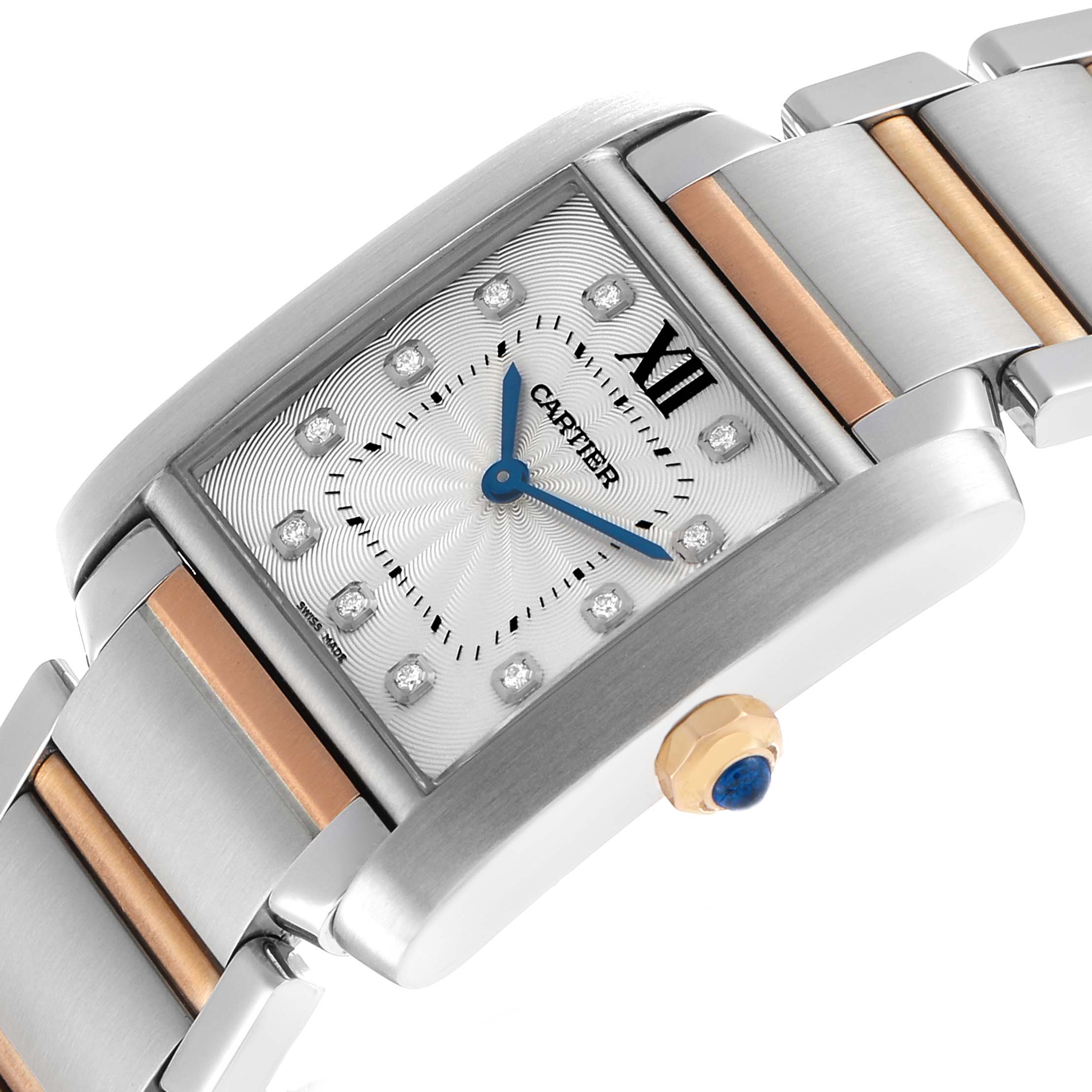 The Cartier Tank Francaise WE110005 Women's Stainless Steel Silver Dial watch is shown at an angled close-up, highlighting the dial, bezel, and part of the bracelet.