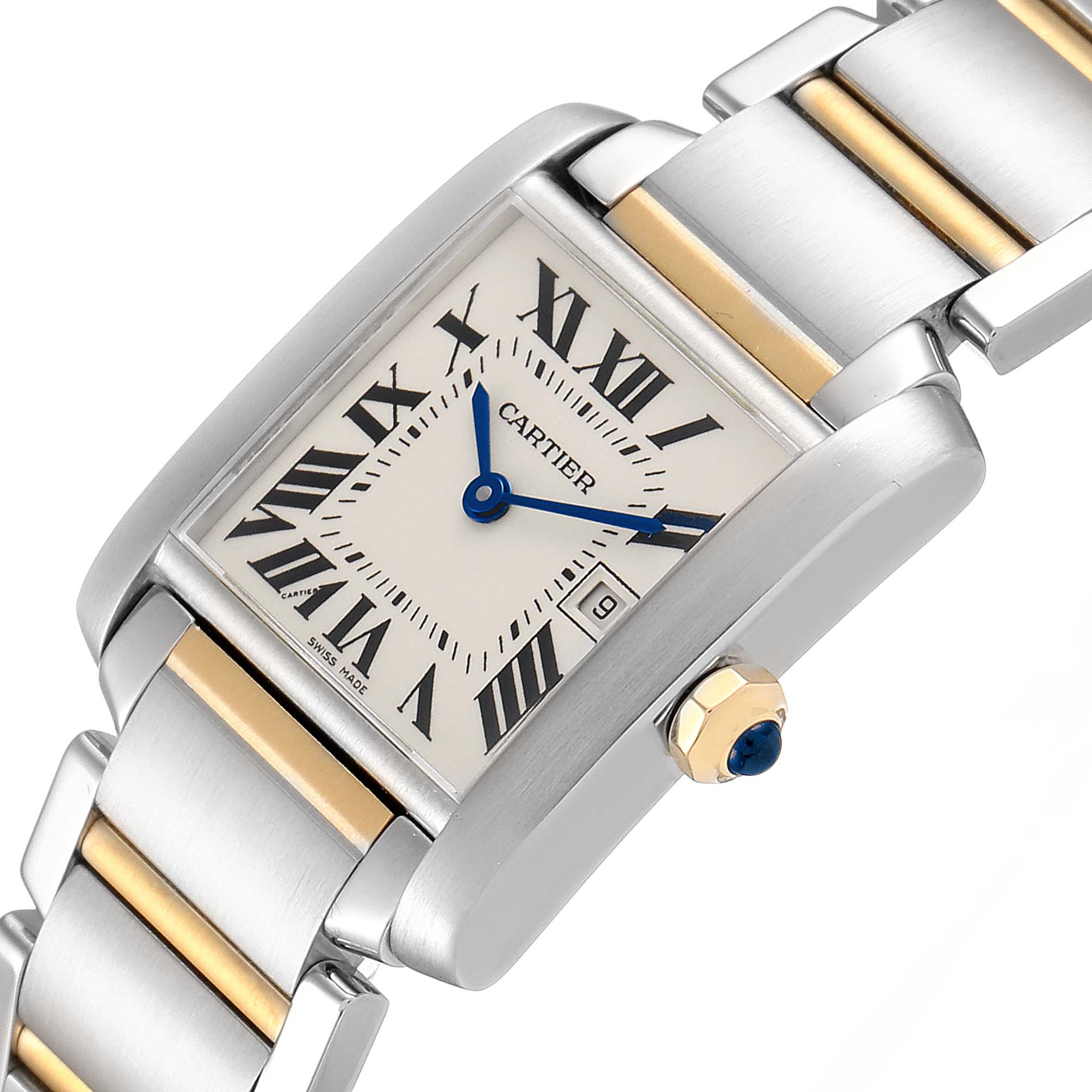The Cartier Tank Française watch is shown at a slight angle, displaying its face, bracelet, and crown.