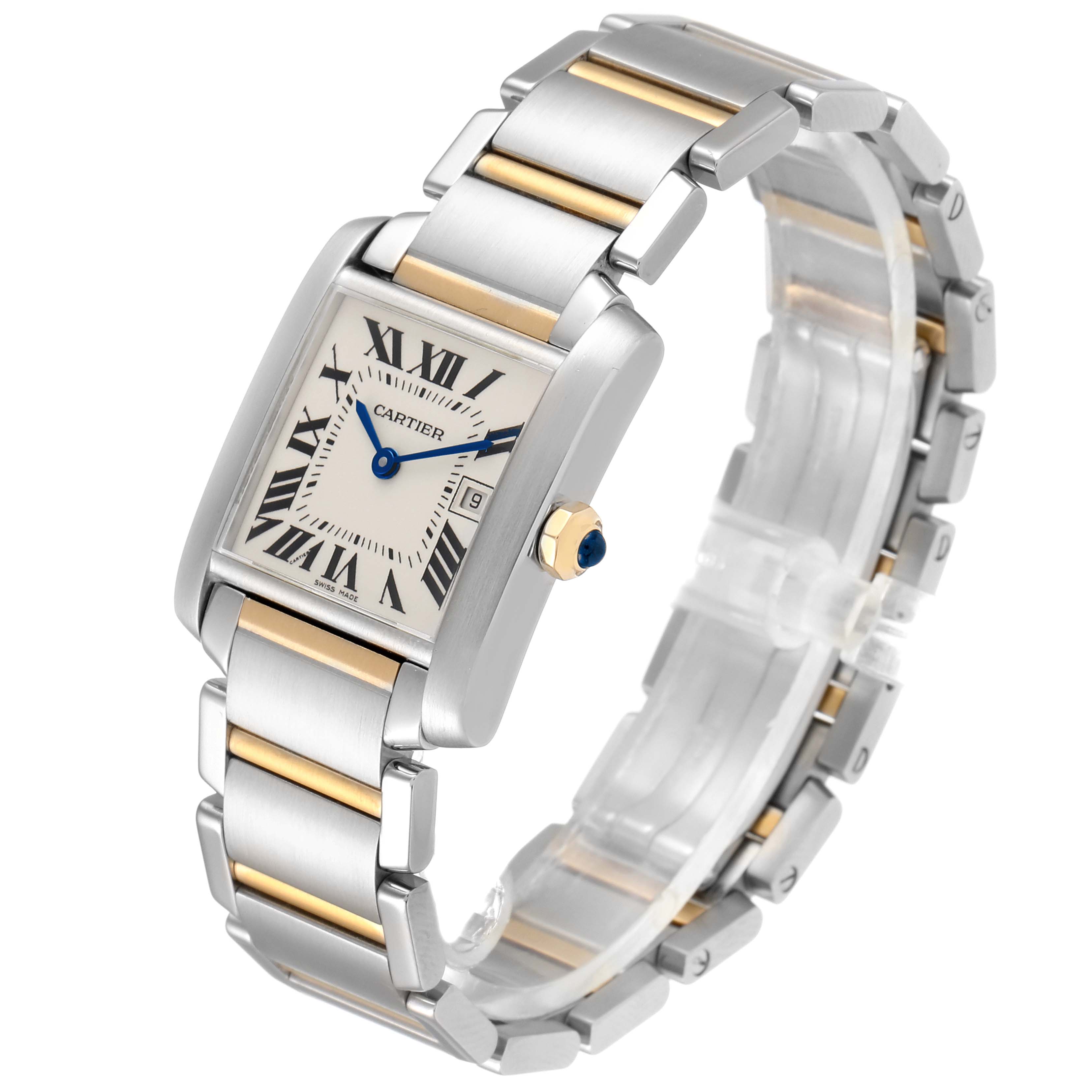 The Cartier Tank Francaise W51012Q4 Women's Steel and Gold (two tone) Silver Dial W51012Q4 Women's Steel and Gold (two tone) Silver Dial watch is shown at a three-quarter angle, displaying its face, bracelet, and side profile.