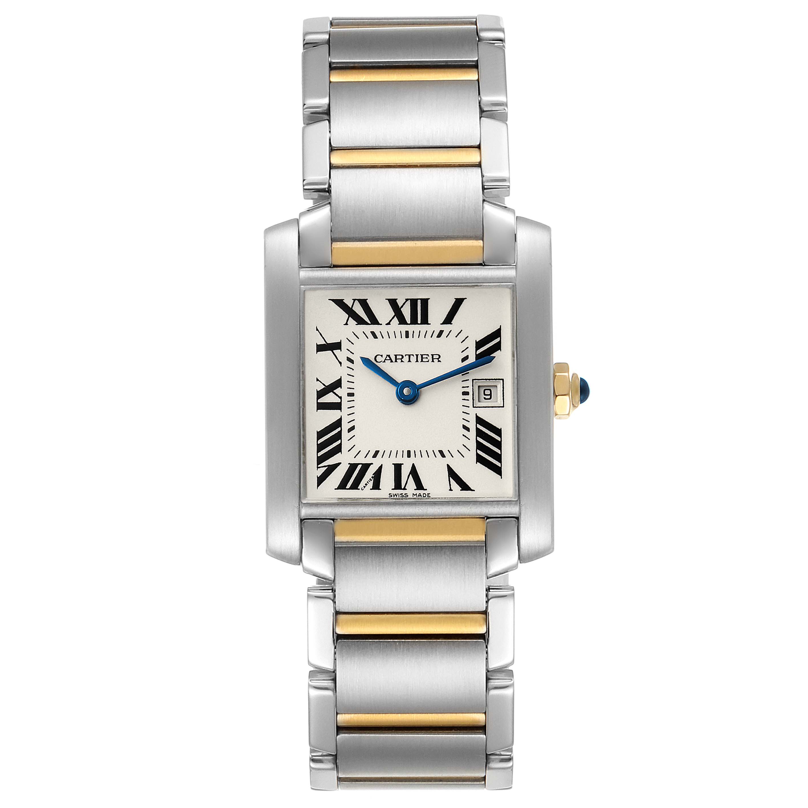 This image shows a front view of a Cartier Tank Francaise W51012Q4 Women's Steel and Gold (two tone) Silver Dial W51012Q4 Women's Steel and Gold (two tone) Silver Dial watch, displaying the face, bracelet, and crown.