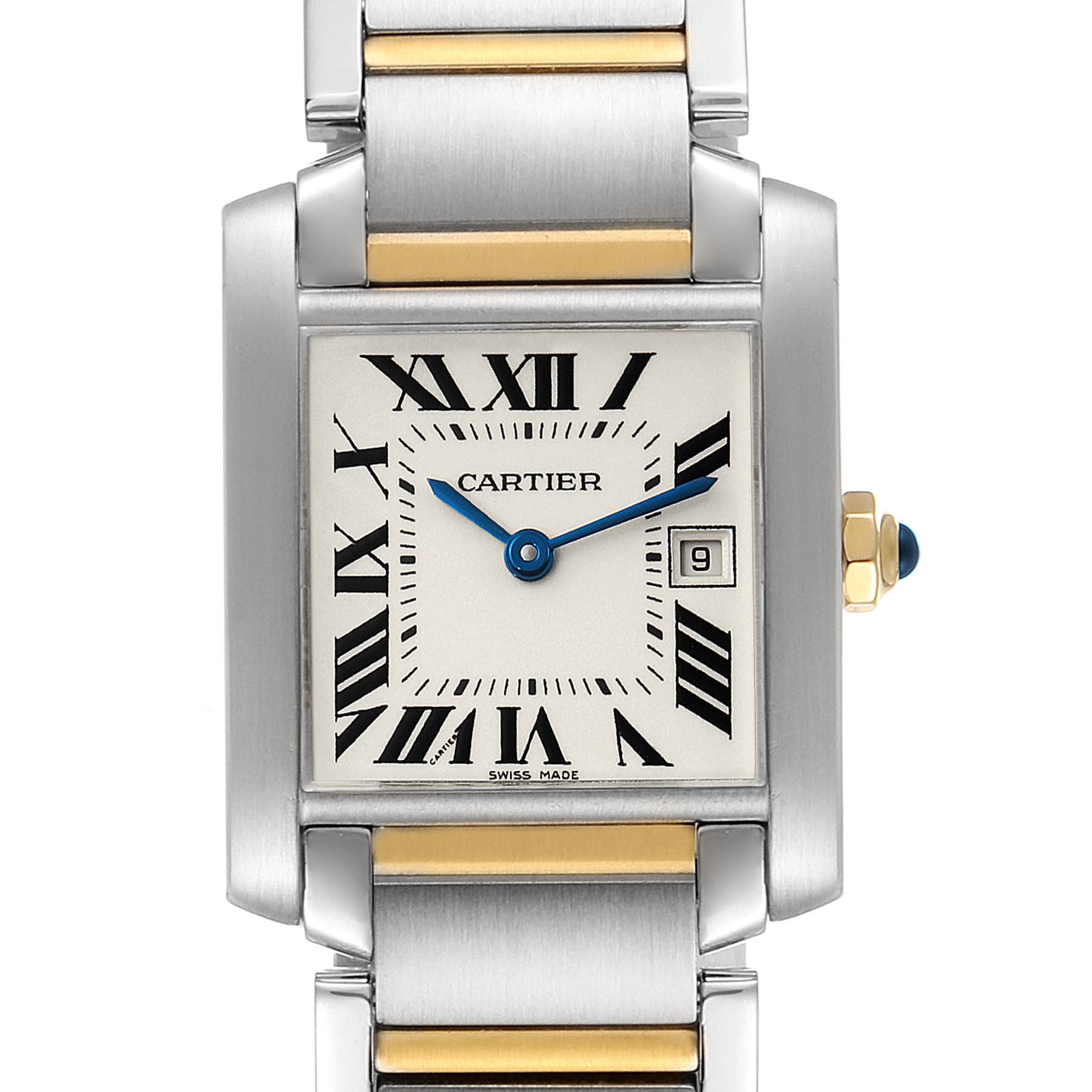 The image shows a frontal view of the Cartier Tank Française watch, highlighting its dial, Roman numerals, and part of its bracelet.