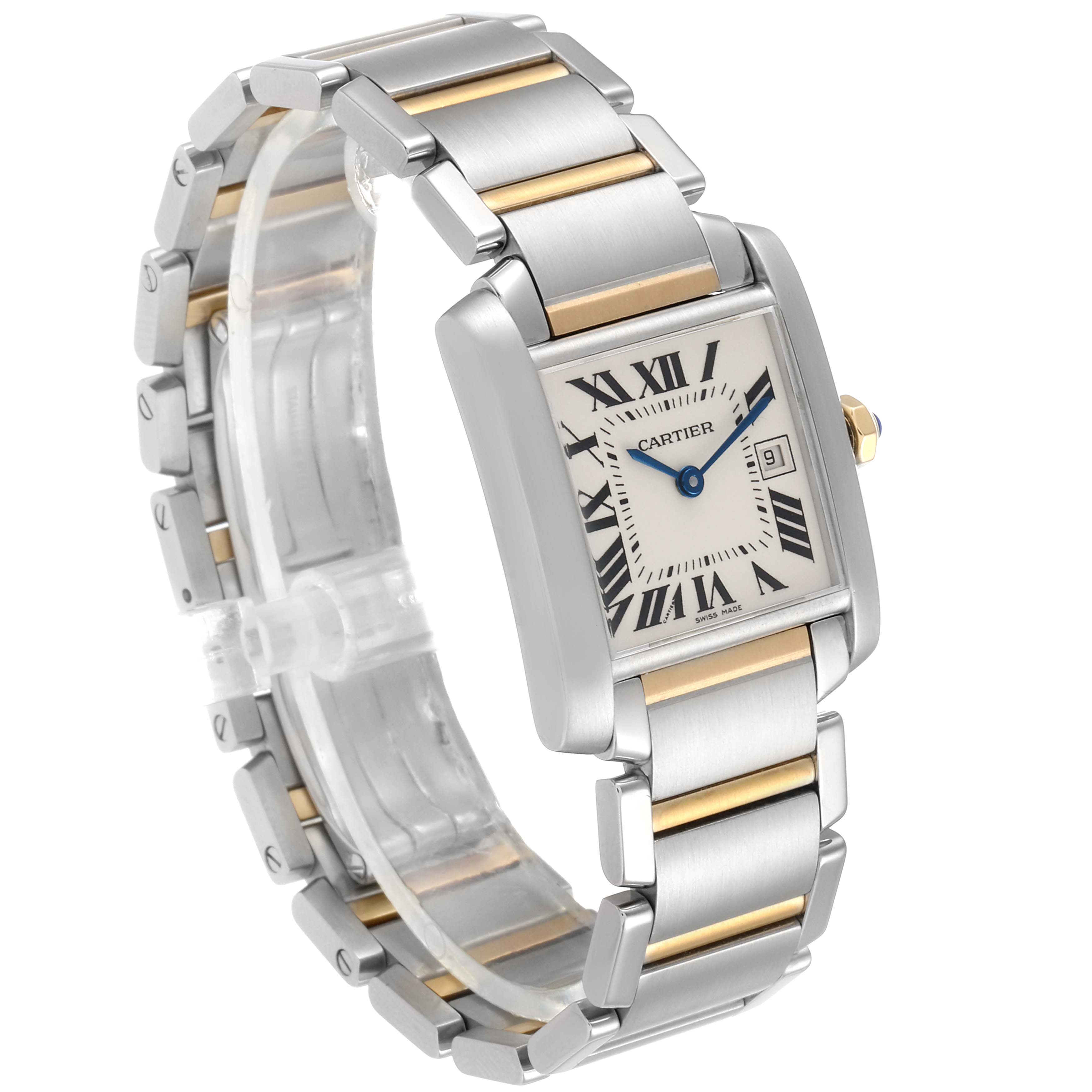 The image shows a Cartier Tank Francaise W51012Q4 Women's Steel and Gold (two tone) Silver Dial W51012Q4 Women's Steel and Gold (two tone) Silver Dial watch at an angle showcasing the dial, bracelet, and clasp.