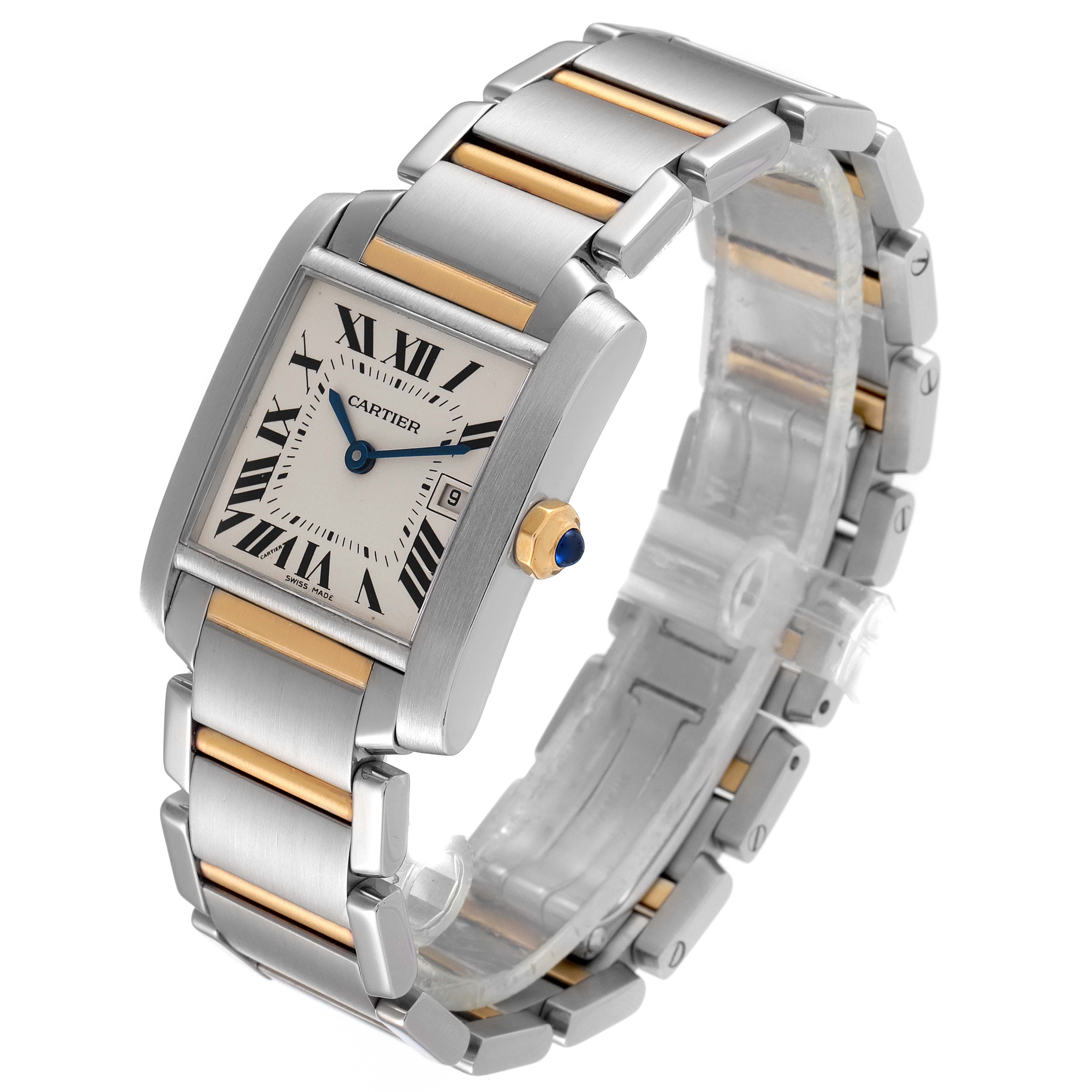 The image shows a Cartier Tank Francaise W51012Q4 Women's Steel and Gold (two tone) Silver Dial W51012Q4 Women's Steel and Gold (two tone) Silver Dial watch angled to display its face, bracelet, crown, and clasp.