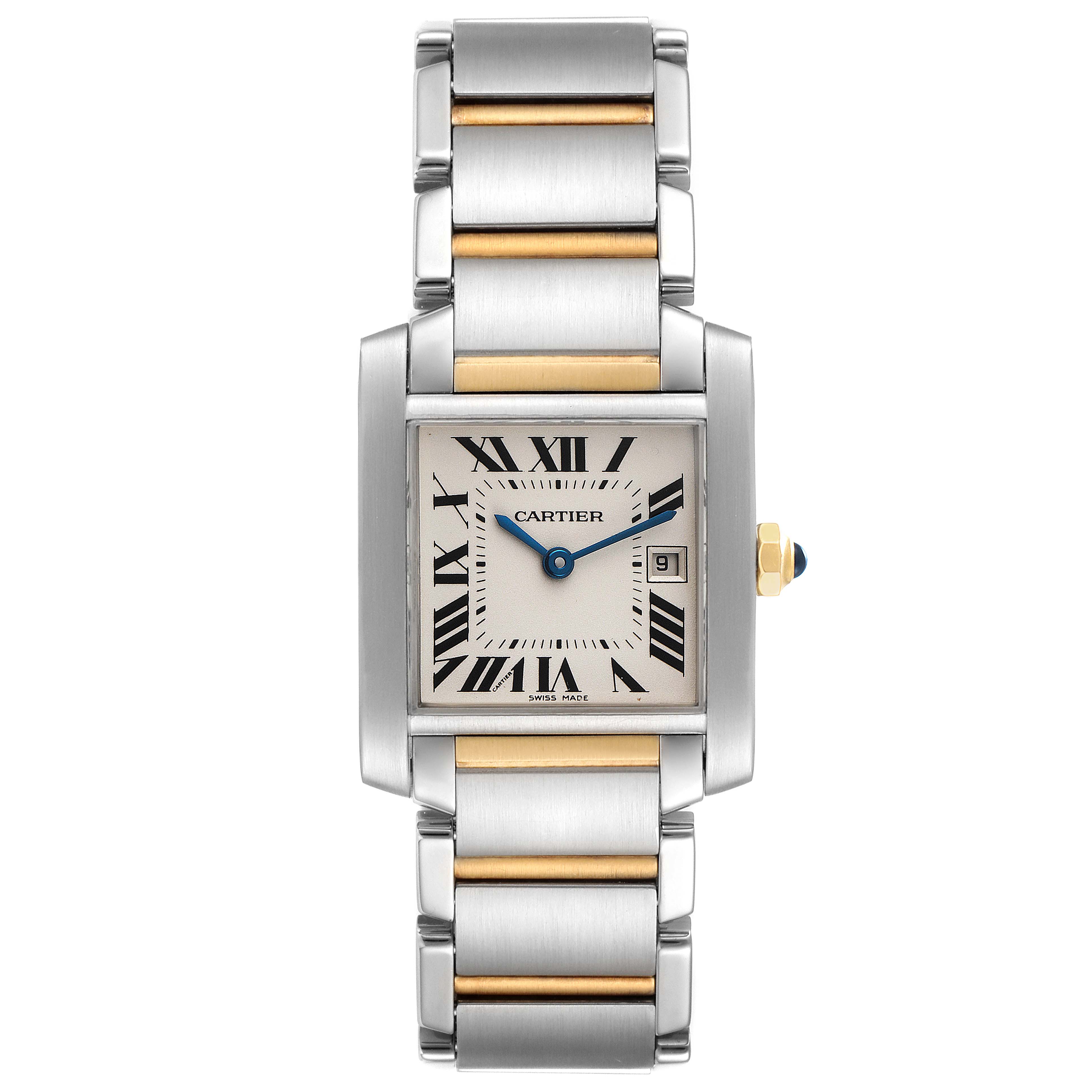The Cartier Tank Francaise W51012Q4 Women's Steel and Gold (two tone) Silver Dial W51012Q4 Women's Steel and Gold (two tone) Silver Dial watch is shown from a top-down angle, displaying the face, hands, bracelet, and crown.