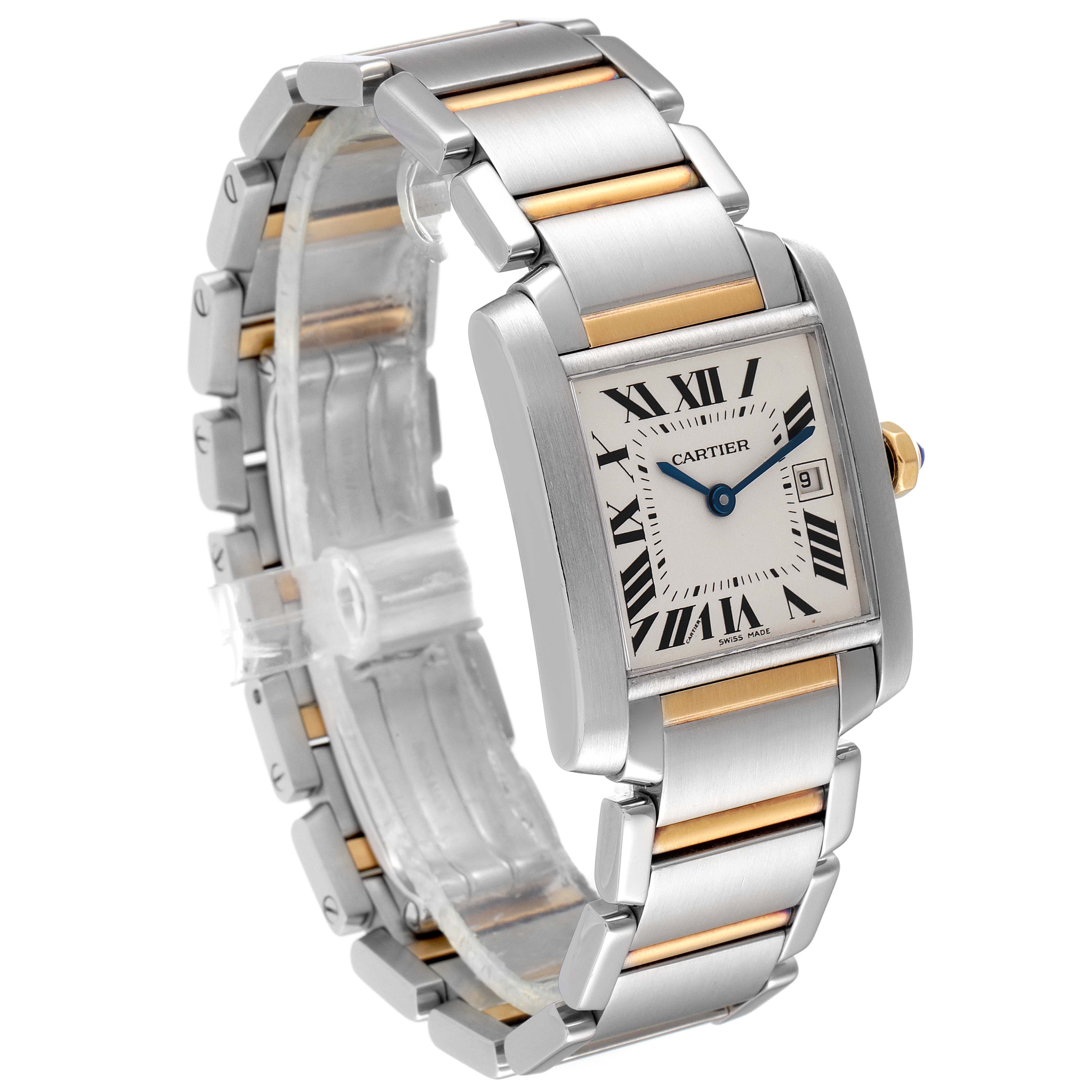 The image shows a Cartier Tank Francaise W51012Q4 Women's Steel and Gold (two tone) Silver Dial W51012Q4 Women's Steel and Gold (two tone) Silver Dial watch, highlighting its face, bracelet, and clasp from a three-quarter angle.