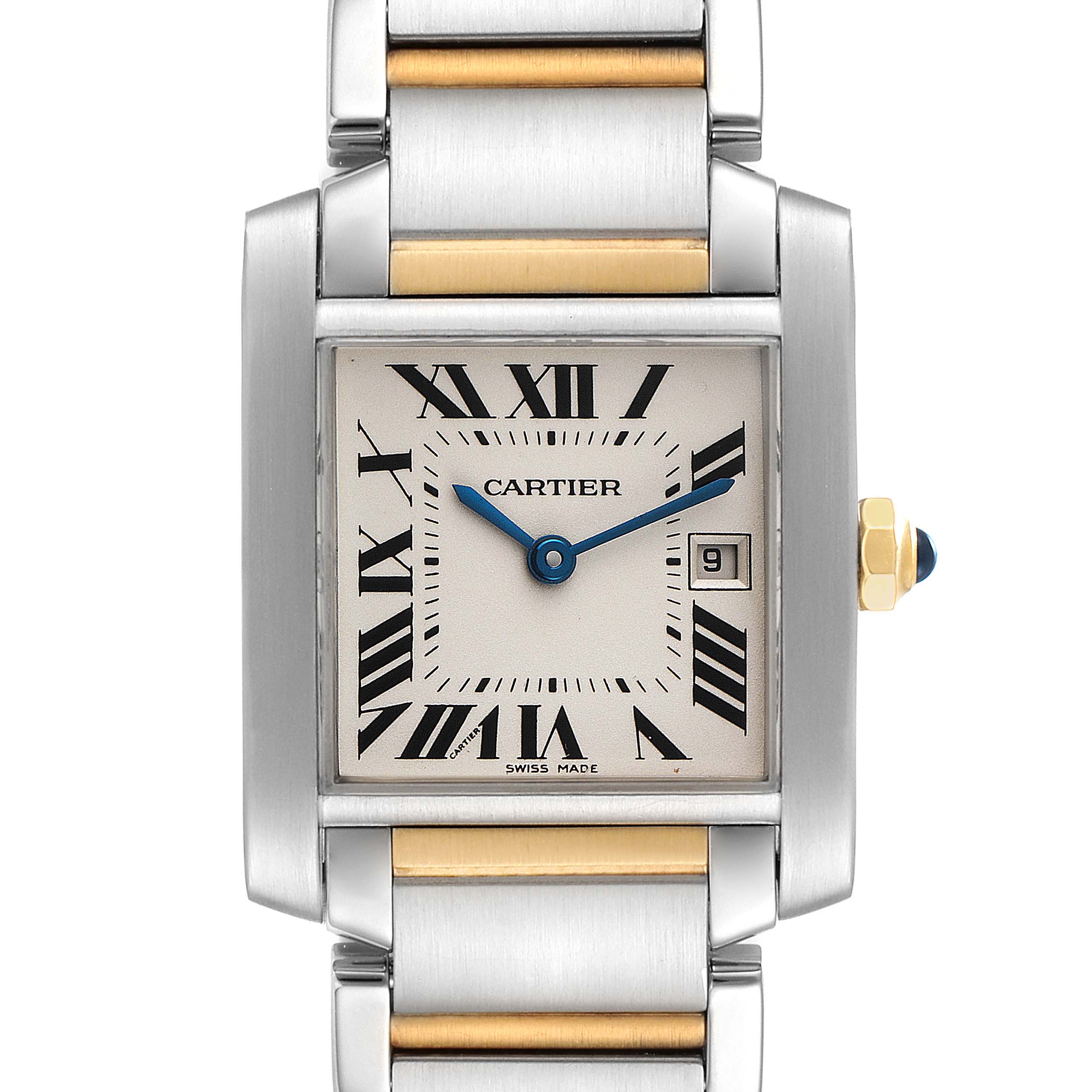 The image shows a front view of the Cartier Tank Francaise W51012Q4 Women's Steel and Gold (two tone) Silver Dial W51012Q4 Women's Steel and Gold (two tone) Silver Dial watch, highlighting the face, hands, date window, crown, and bracelet.