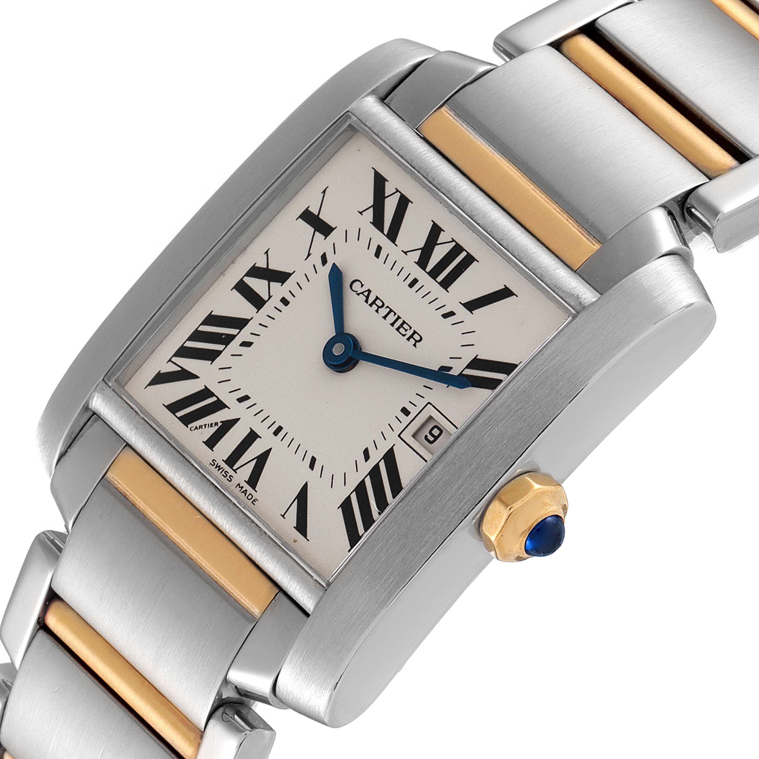 The image shows a close-up view of the Cartier Tank Francaise W51012Q4 Women's Steel and Gold (two tone) Silver Dial W51012Q4 Women's Steel and Gold (two tone) Silver Dial watch, highlighting the dial, case, crown, and part of the bracelet.