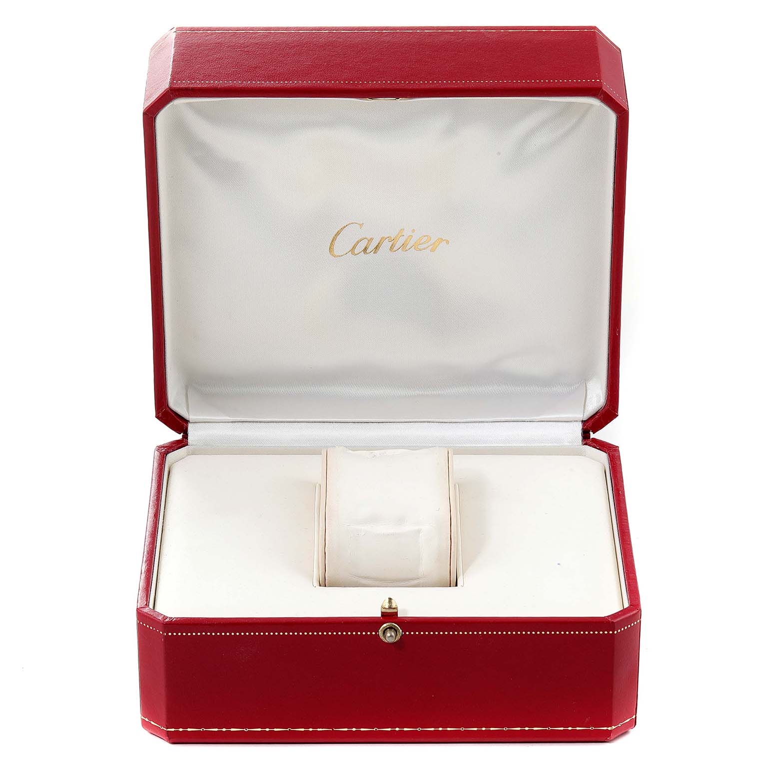 The image shows an open red Cartier box, specifically for the Tank Francaise model, with a padded slot for the watch inside.