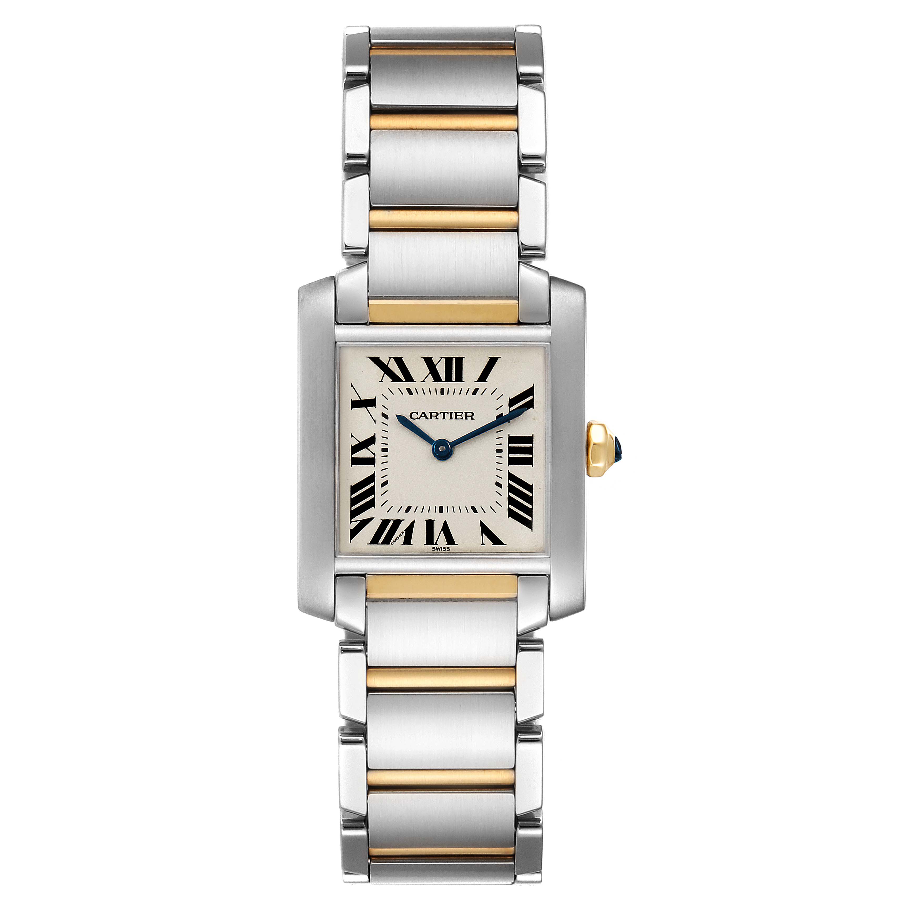 This image shows a front view of a Cartier Tank Francaise W2TA0003 Women's Steel and Gold (two tone) Silver Dial W2TA0003 Women's Steel and Gold (two tone) Silver Dial watch, featuring a two-tone metal bracelet and square face with Roman numerals.