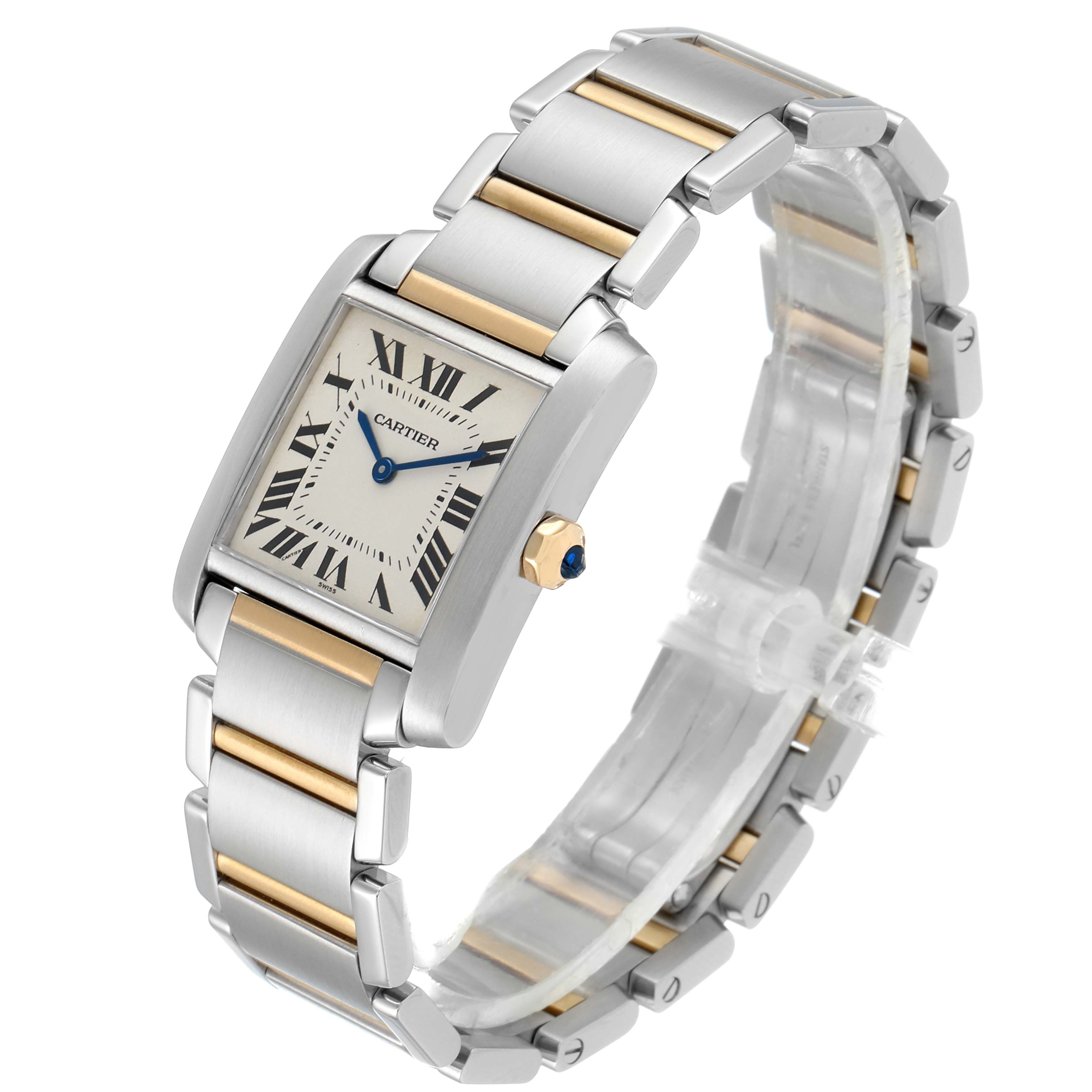The Cartier Tank Francaise W2TA0003 Women's Steel and Gold (two tone) Silver Dial W2TA0003 Women's Steel and Gold (two tone) Silver Dial watch is shown from a front angle, highlighting the face, metal band, and the blue cabochon on the crown.