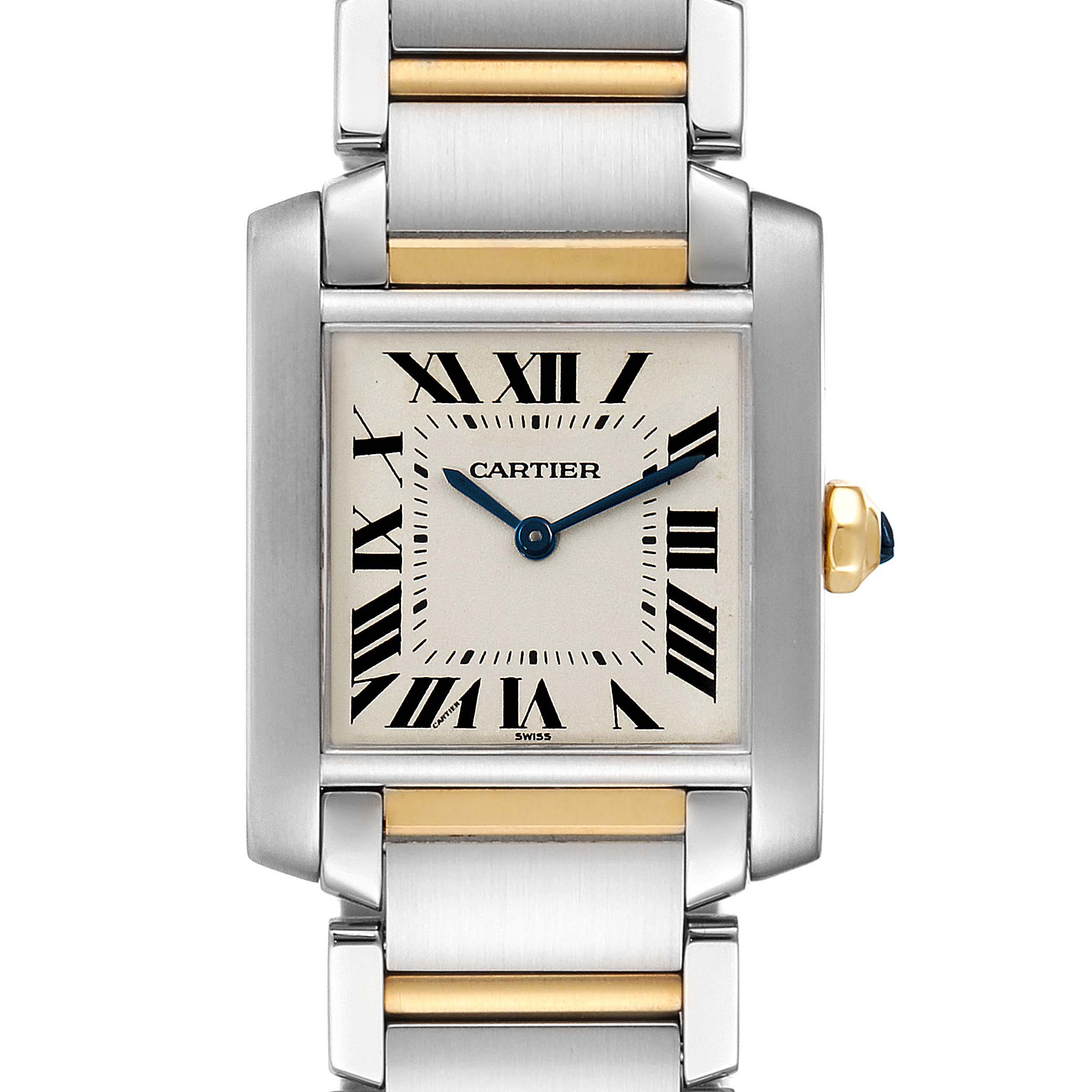 The image shows a frontal view of a Cartier Tank Française watch, highlighting its rectangular face with Roman numerals and metal bracelet.