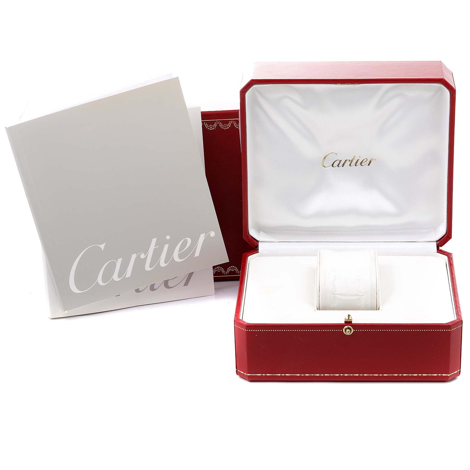 The image shows a Cartier Tank Française watch box, with a booklet and an open red case on display.