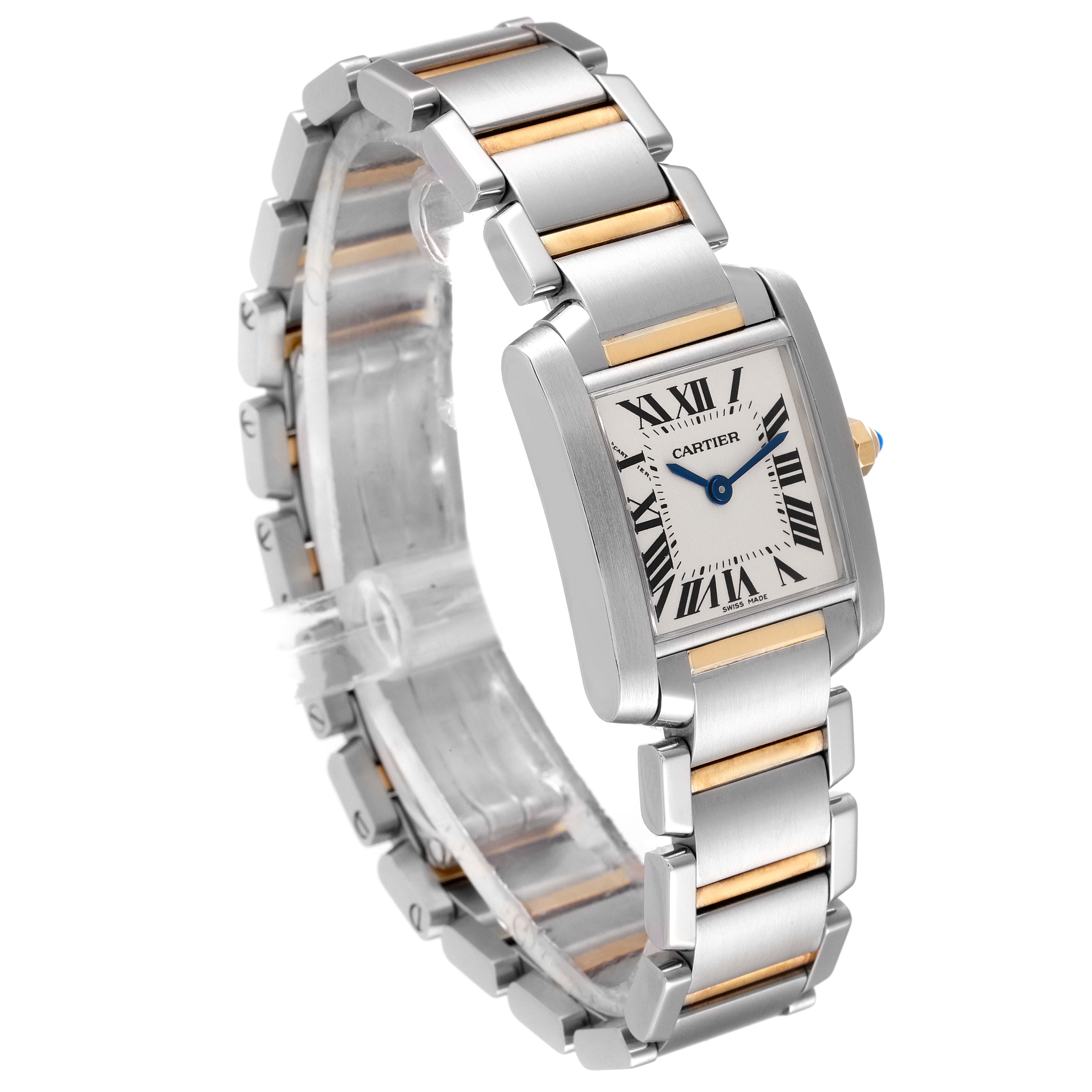 The Tank Française by Cartier is shown at a three-quarter angle, highlighting its rectangular face, Roman numerals, and two-tone bracelet.