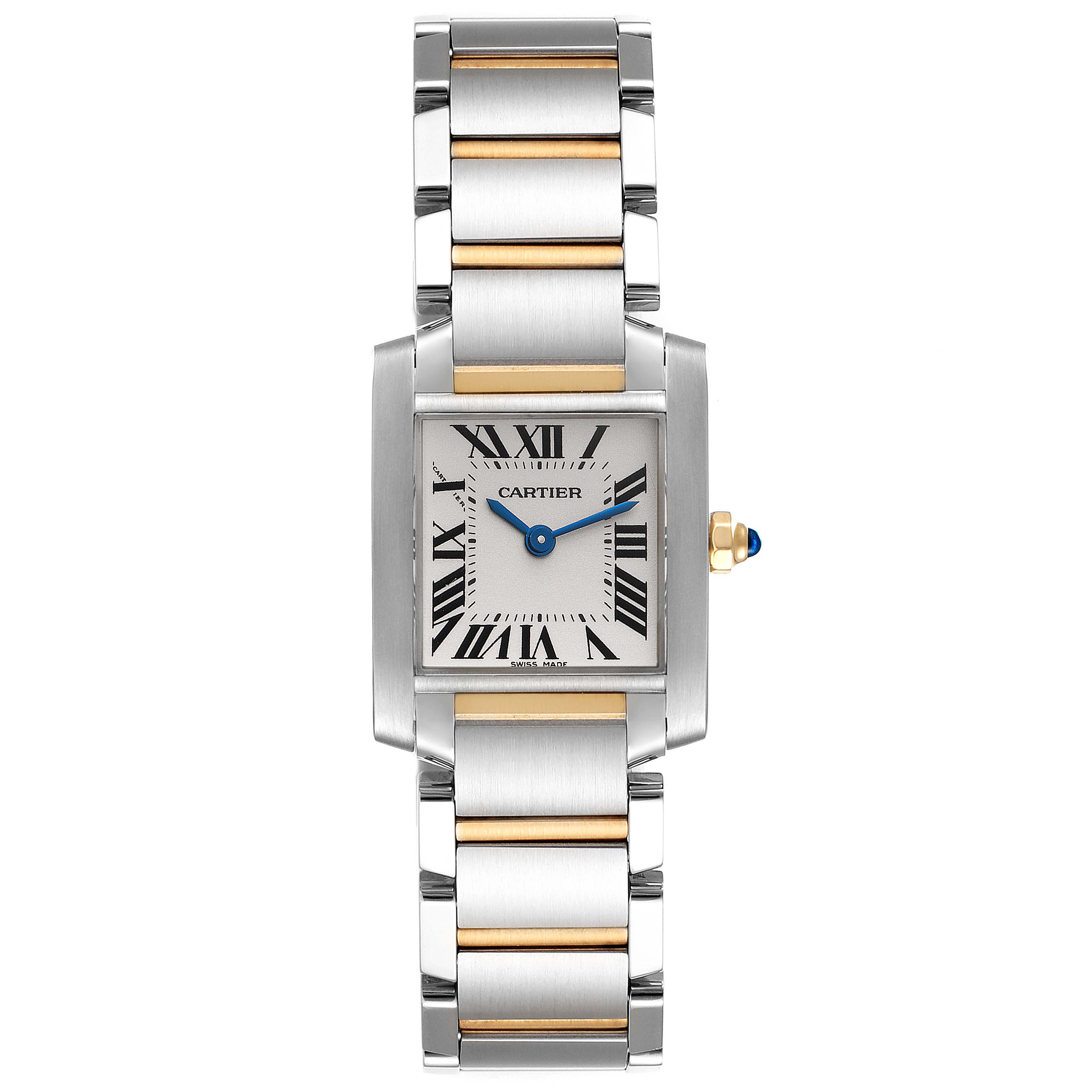 The image shows a Cartier Tank Francaise W51007Q4 Women
s Steel and Gold (two tone) Silver Dial W51007Q4 Women
s Steel and Gold (two tone) Silver Dial watch from a top-down angle, highlighting its face and two-tone bracelet.