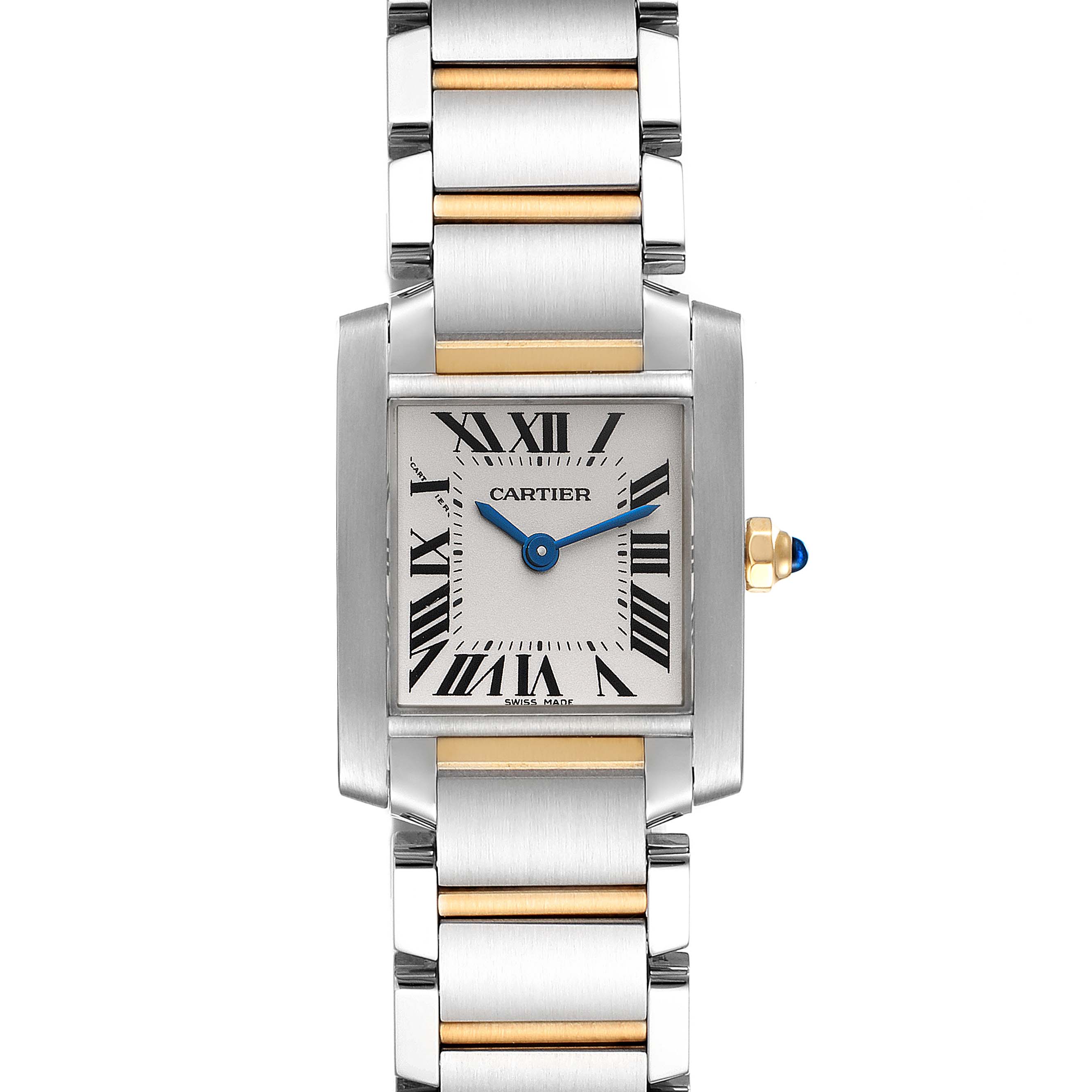 This image shows the front view of a Cartier Tank Francaise W51007Q4 Women
s Steel and Gold (two tone) Silver Dial W51007Q4 Women
s Steel and Gold (two tone) Silver Dial watch, displaying its dial, hands, and metal bracelet.