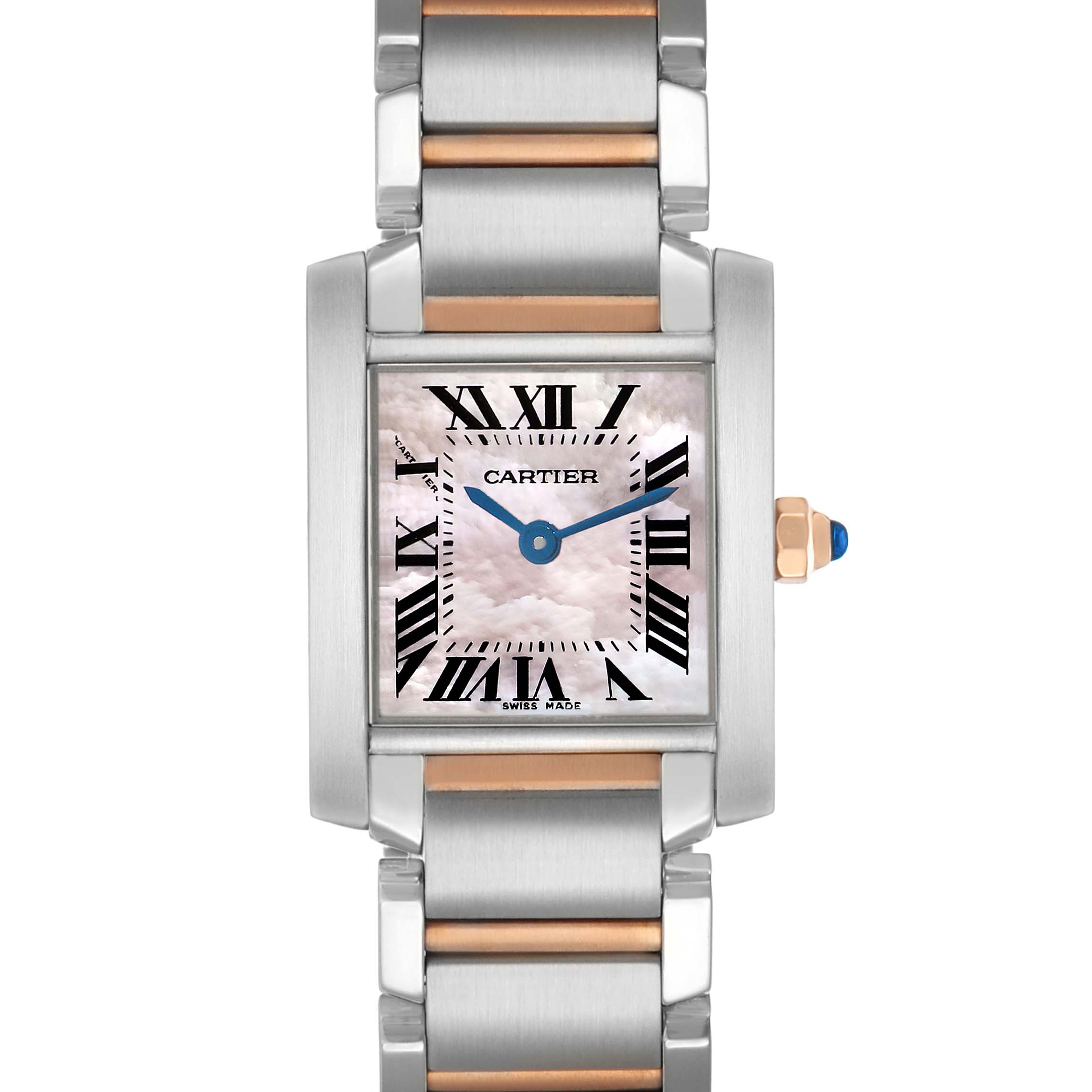 The Cartier Tank Francaise W51027Q4 Women's Steel and Gold (two tone) Mother of Pearl Dial watch is shown from a top-down angle, highlighting its face and two-tone metal bracelet.
