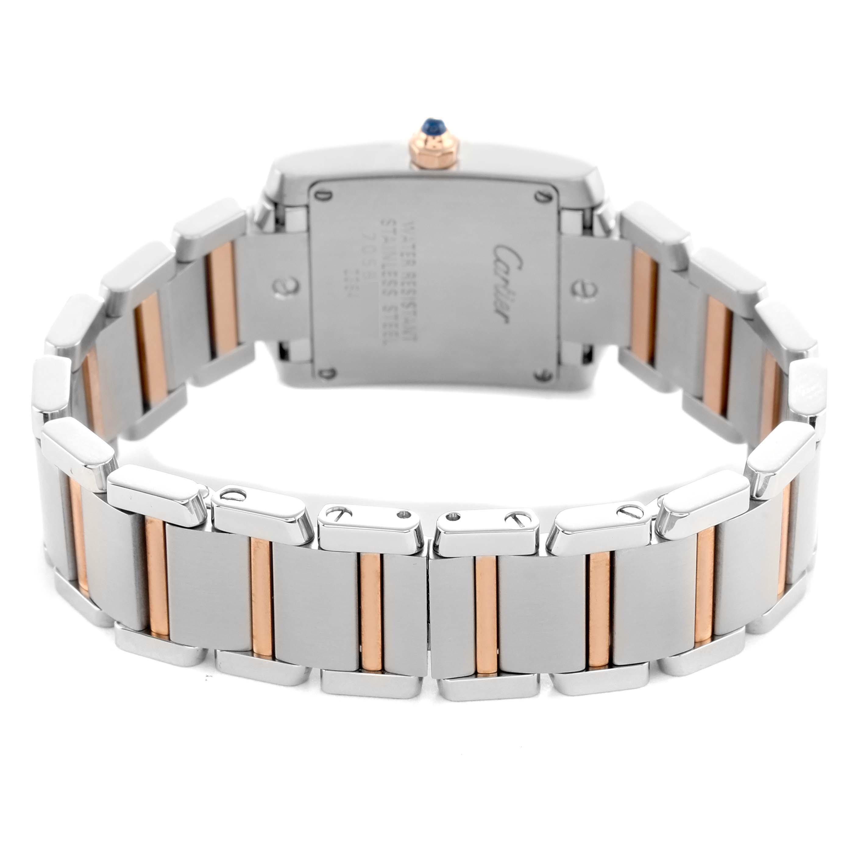 The image shows the back of the Cartier Tank Française watch, highlighting the case and two-tone metal bracelet.