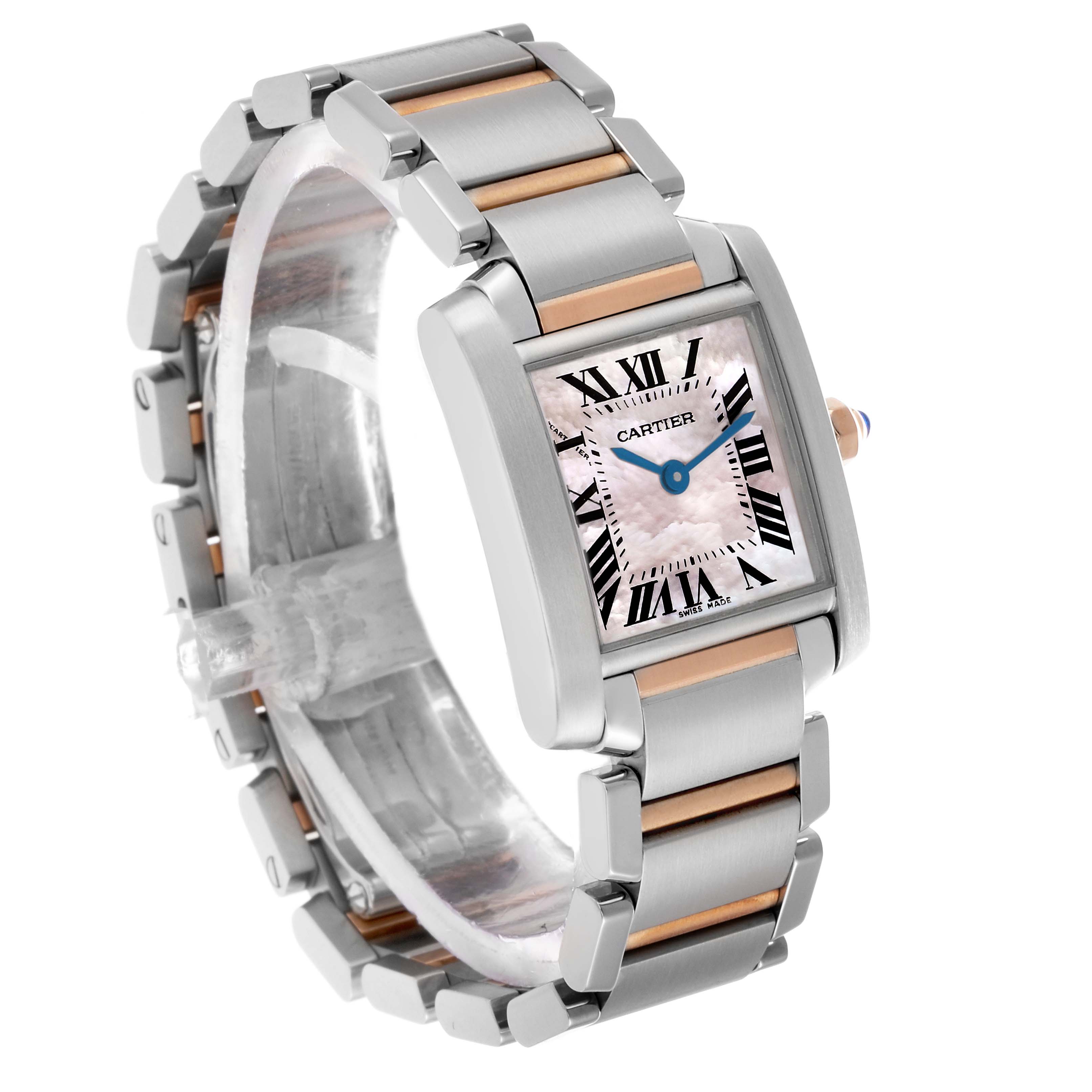 The Cartier Tank Francaise W51027Q4 Women's Steel and Gold (two tone) Mother of Pearl Dial watch is shown at an angle highlighting the face, bracelet, and side profile.