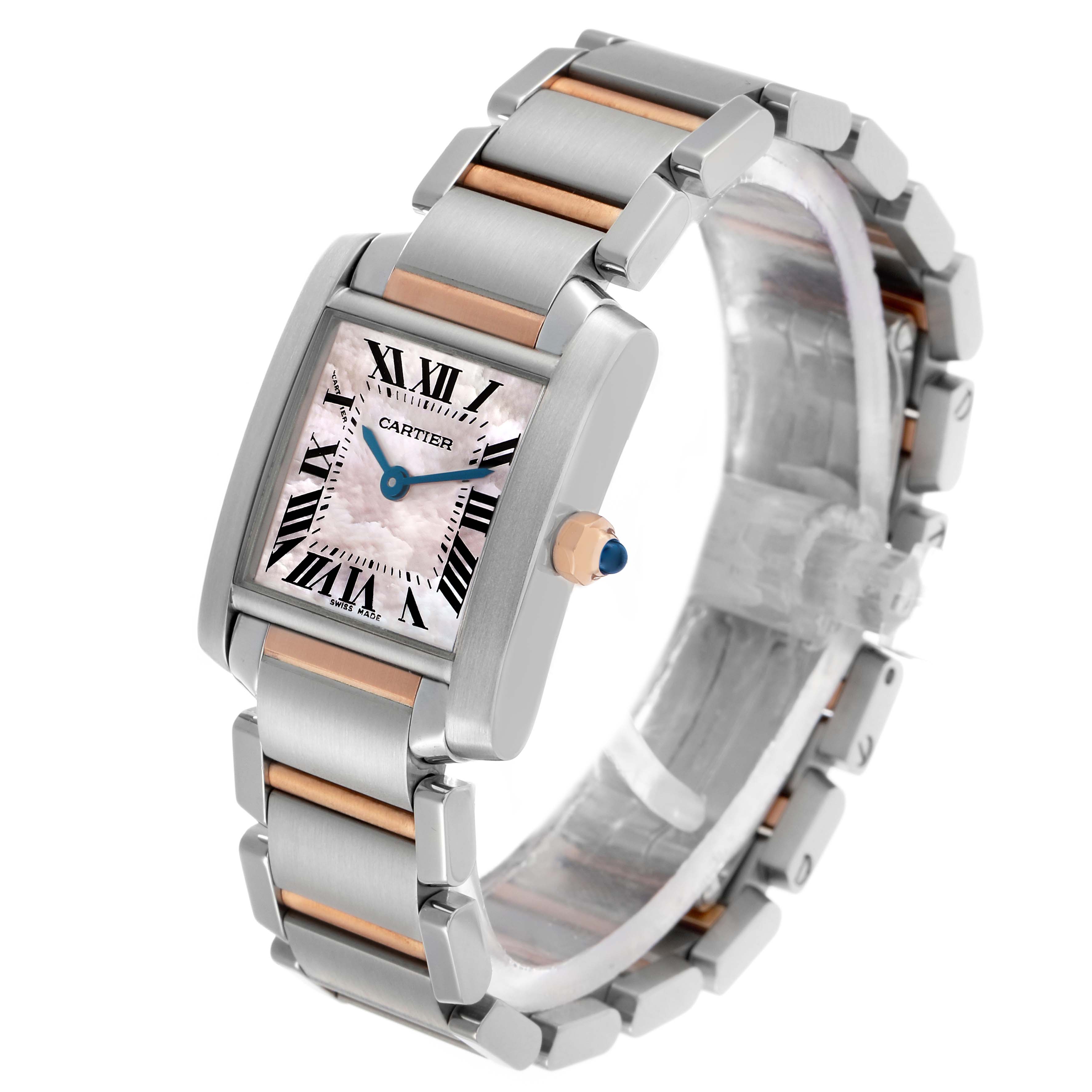 The Cartier Tank Francaise W51027Q4 Women's Steel and Gold (two tone) Mother of Pearl Dial watch is shown from a three-quarter angle, highlighting its face and two-tone metal bracelet.