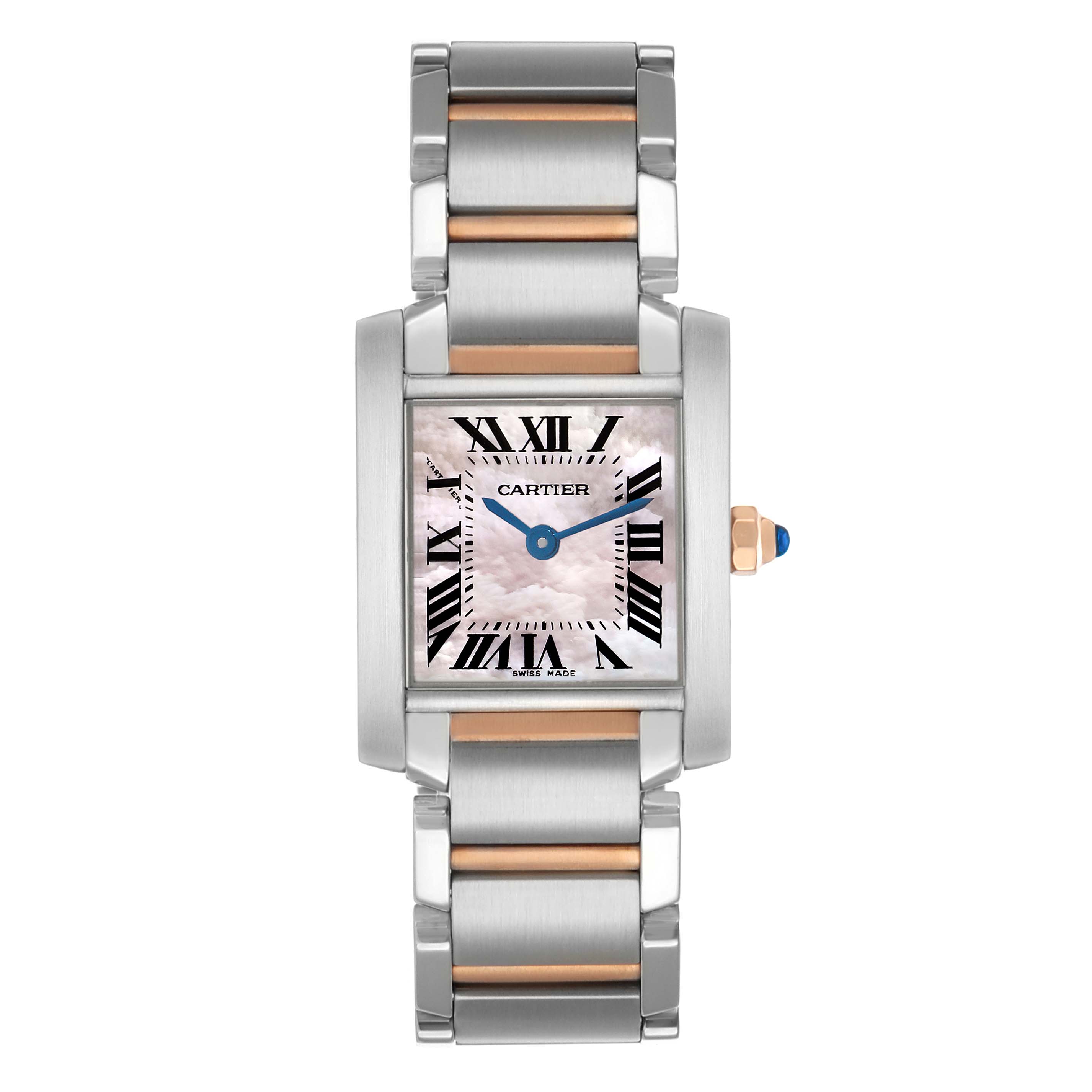 The Cartier Tank Française watch is shown from a top-down angle, displaying the face, bezel, and bracelet.